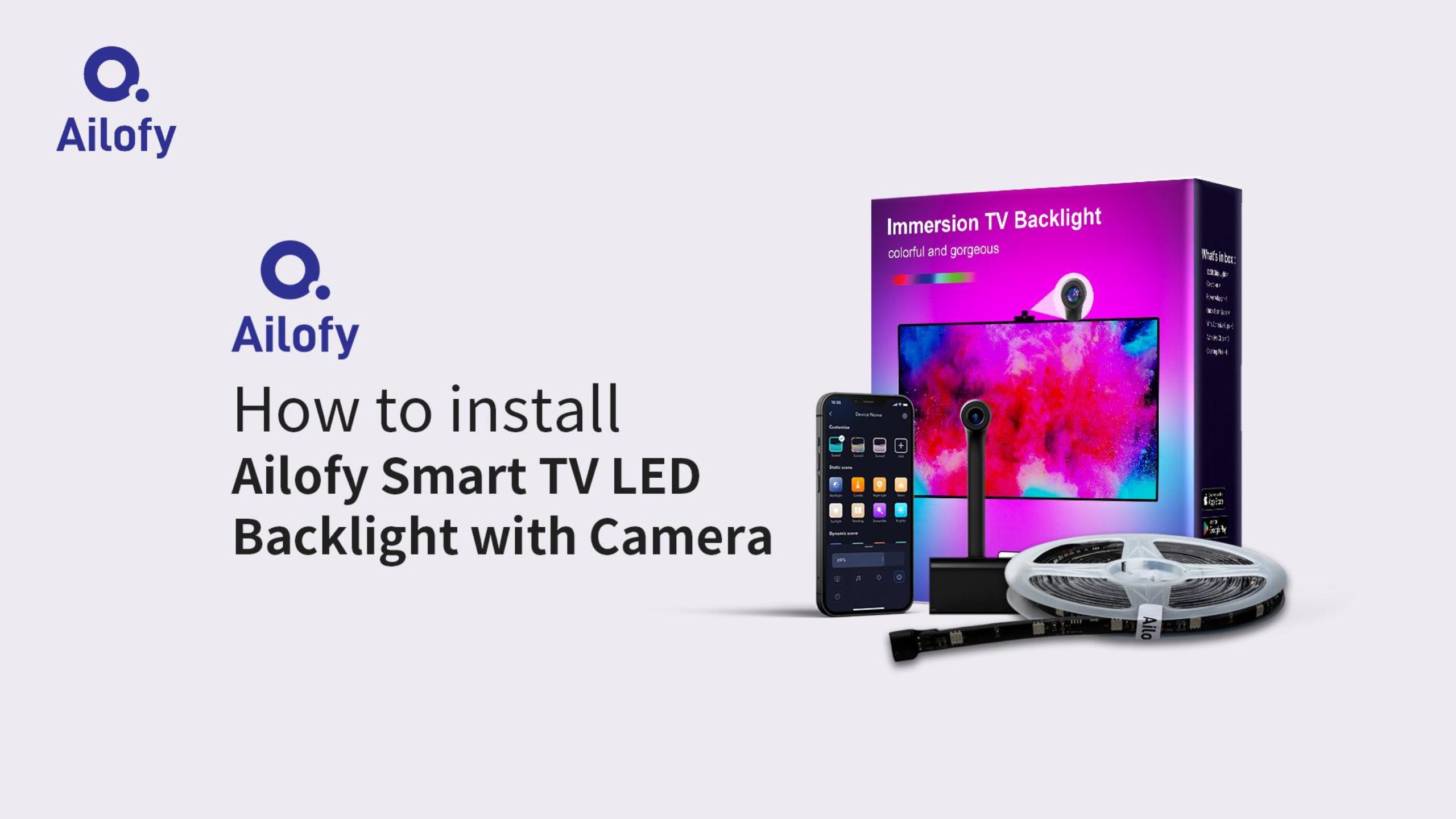thumbnail video image 2 of Ailofy Smart TV LED Backlight with Camera for 75-85 inch Screens, 16.4ft LED Strip Lights Sync to Screen& Music, Color Changing Lights for TV Work with Alexa & Google Assistant, App Control, 2 of 7