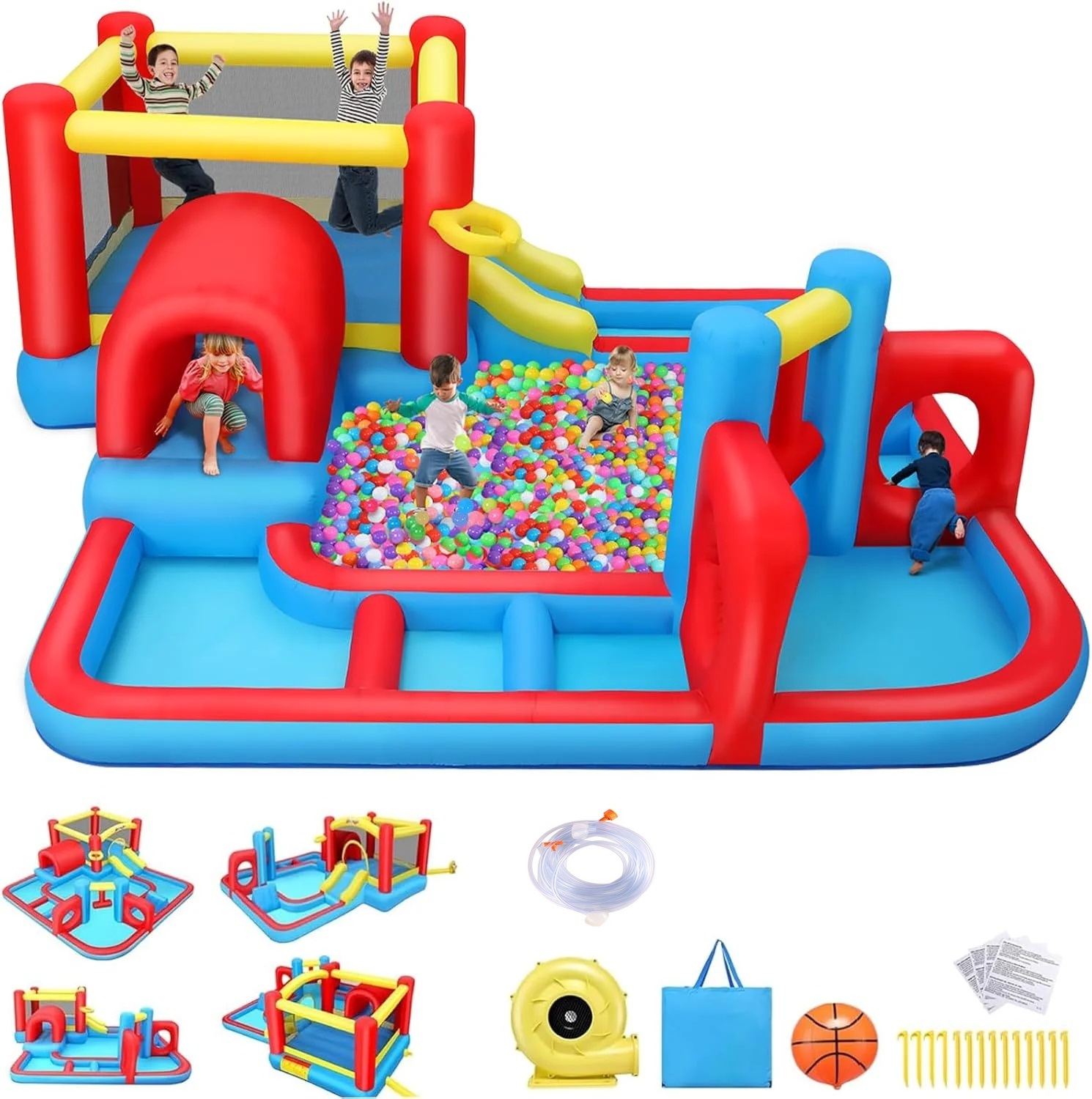 thumbnail video image 2 of Adnoom 7 in1 Inflatable Water Slide Park for Kids 3~8 Years, Indoor/Outdoor Obstacle Course Bounce House Splash Pool with 520W Blower, Slide,BasketBall Hoop,Jumping Area Wet & Dry Bouncy Castle, 2 of 8