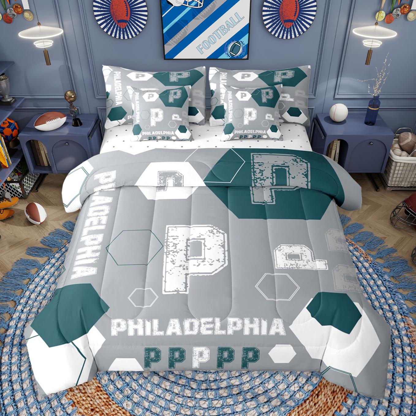 thumbnail video image 2 of Manfei Letter P Monogrammed 7-Piece Twin Bedding Sets,Philadelphia Sport City Bedding Comforter Set,Gray Green White Sheet Sets For Boys Kids,Microfiber Room Decorative Reversible, 2 of 9