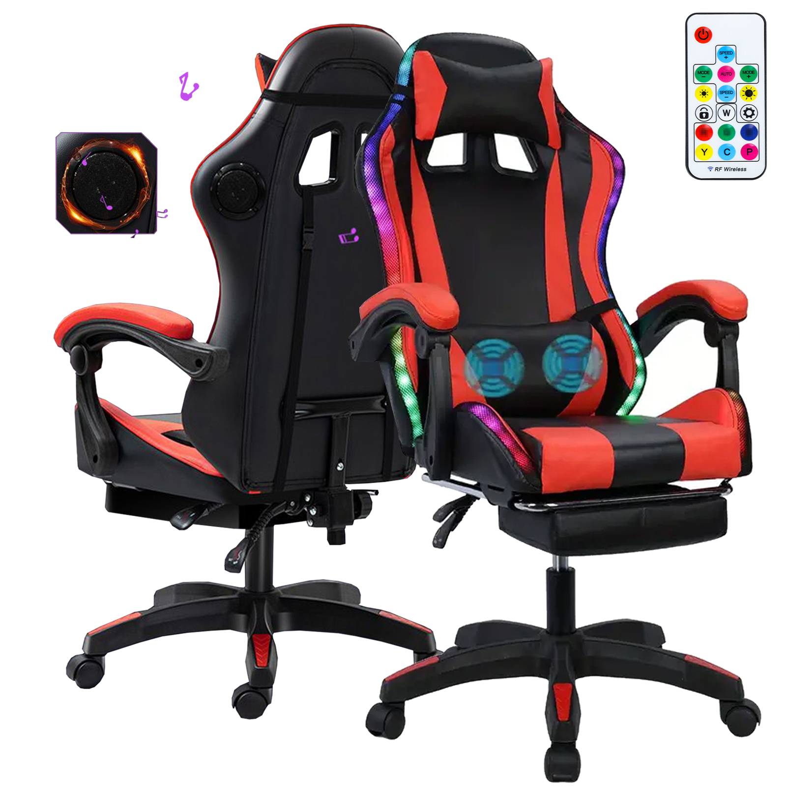 thumbnail video image 2 of Gaming Chair with Bluetooth-compatible Speakers and RGB LED Lights,Ergonomic Massage Computer Gaming Chair with Height Adjustable,Video Game Chair High Back with Lumbar Support, 2 of 8