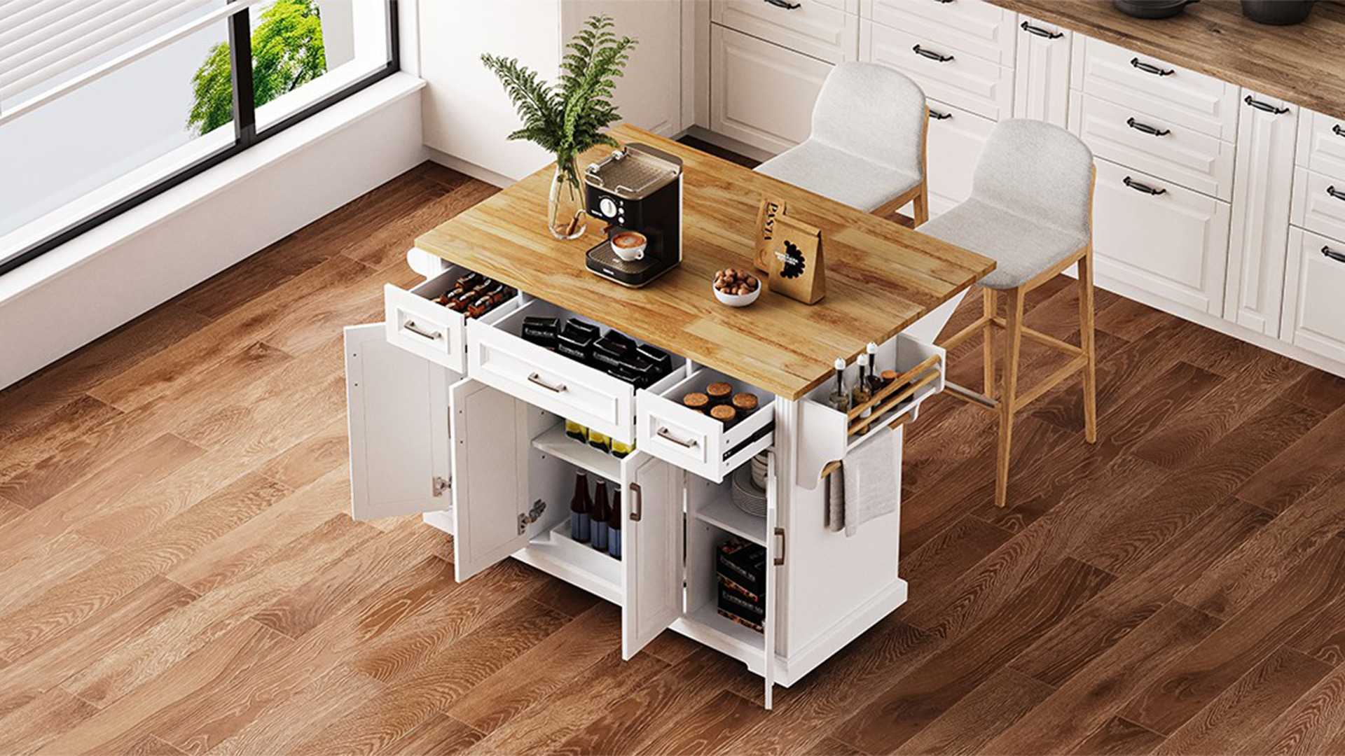 thumbnail video image 2 of 54" Large Kitchen Island On Wheels with Rubber Wood Drop Leaf, Rolling Island Cart on 4 Wheels with 4 Doors and 3 Drawers, Kitchen Island with Storage, Gray+Blue, 2 of 11
