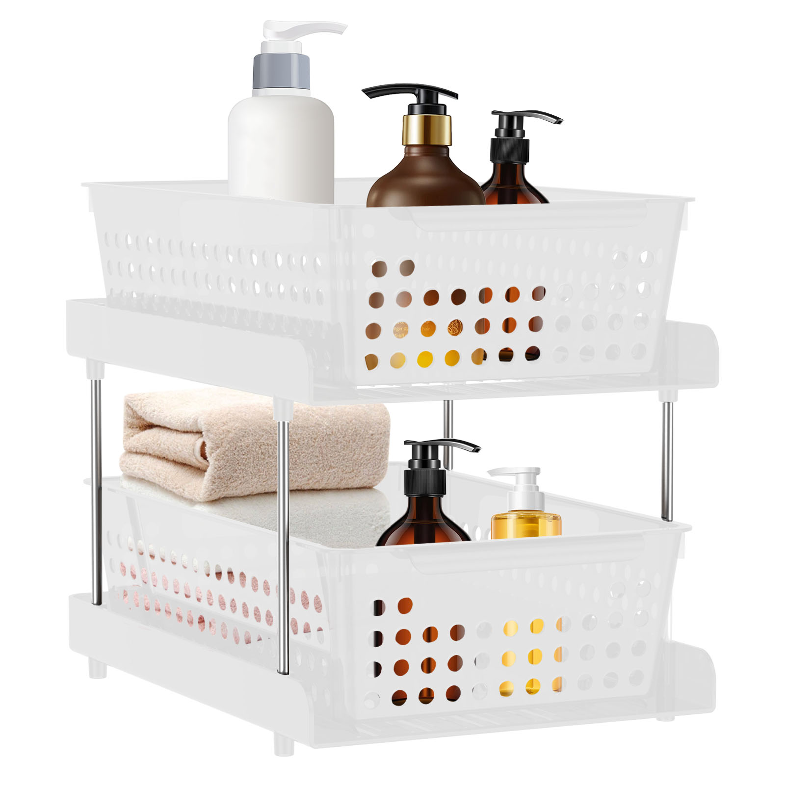 thumbnail video image 2 of Jokapy 2-Tier Under Sink Organizer and Storage, Pull Out Stackable Bathroom Cabinet Organizers White, 2 of 12