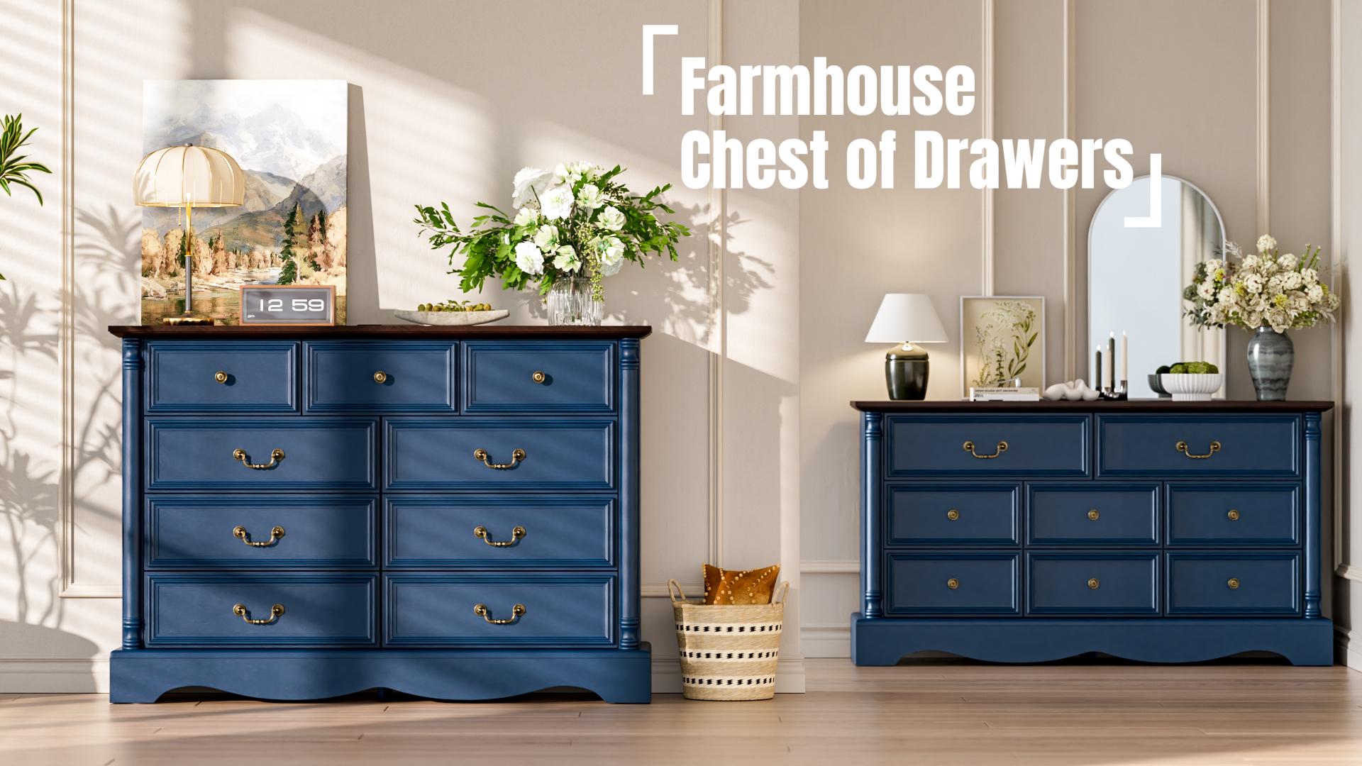 thumbnail video image 2 of ZBOM 6 Drawer Dresser, Farmhouse Style Chest of Drawers with Charging Station, Modern Storage Dresser Organizer TV Cabinet for Bedroom, Living Room, Hallway，Blue, 2 of 9