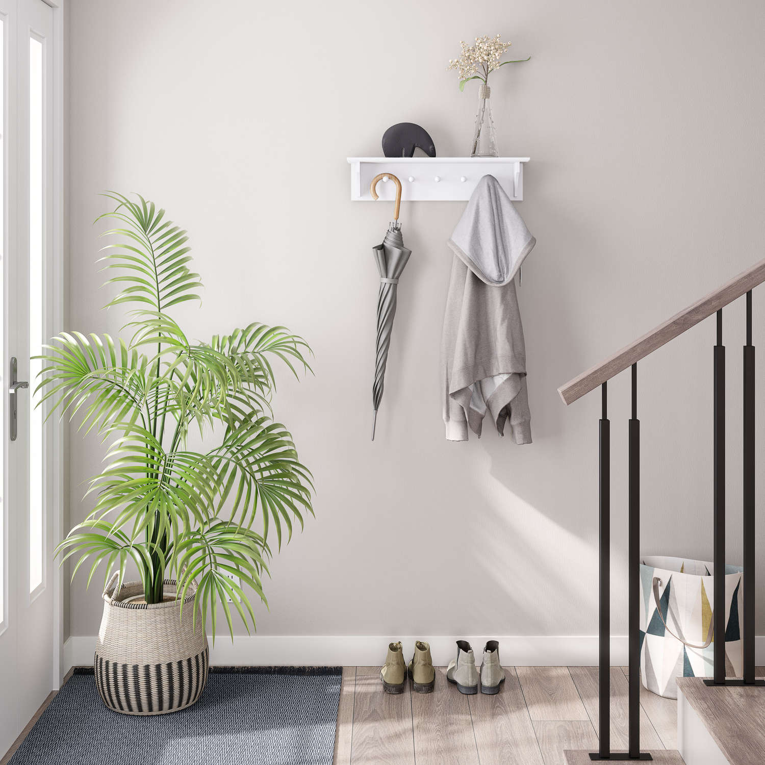 thumbnail video image 2 of Ballucci Wall Coat Rack Shelf, Entryway Floating Shelf Rack, 5 Pegs, 24", White, 2 of 8