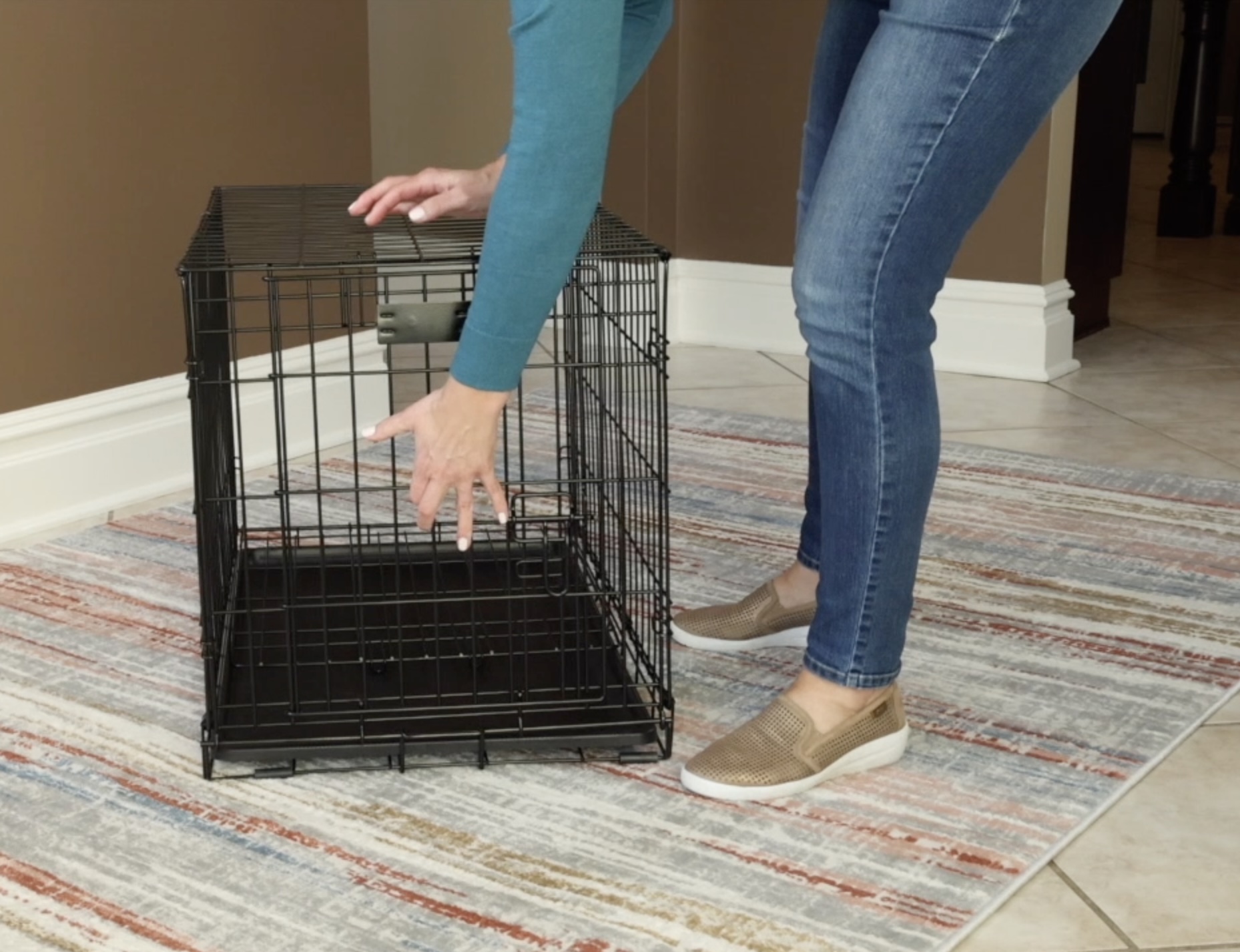 thumbnail video image 2 of Vibrant Life Foldable 42" Wire Crate for Dogs with Divider and Leak-Proof Tray, 2 of 13