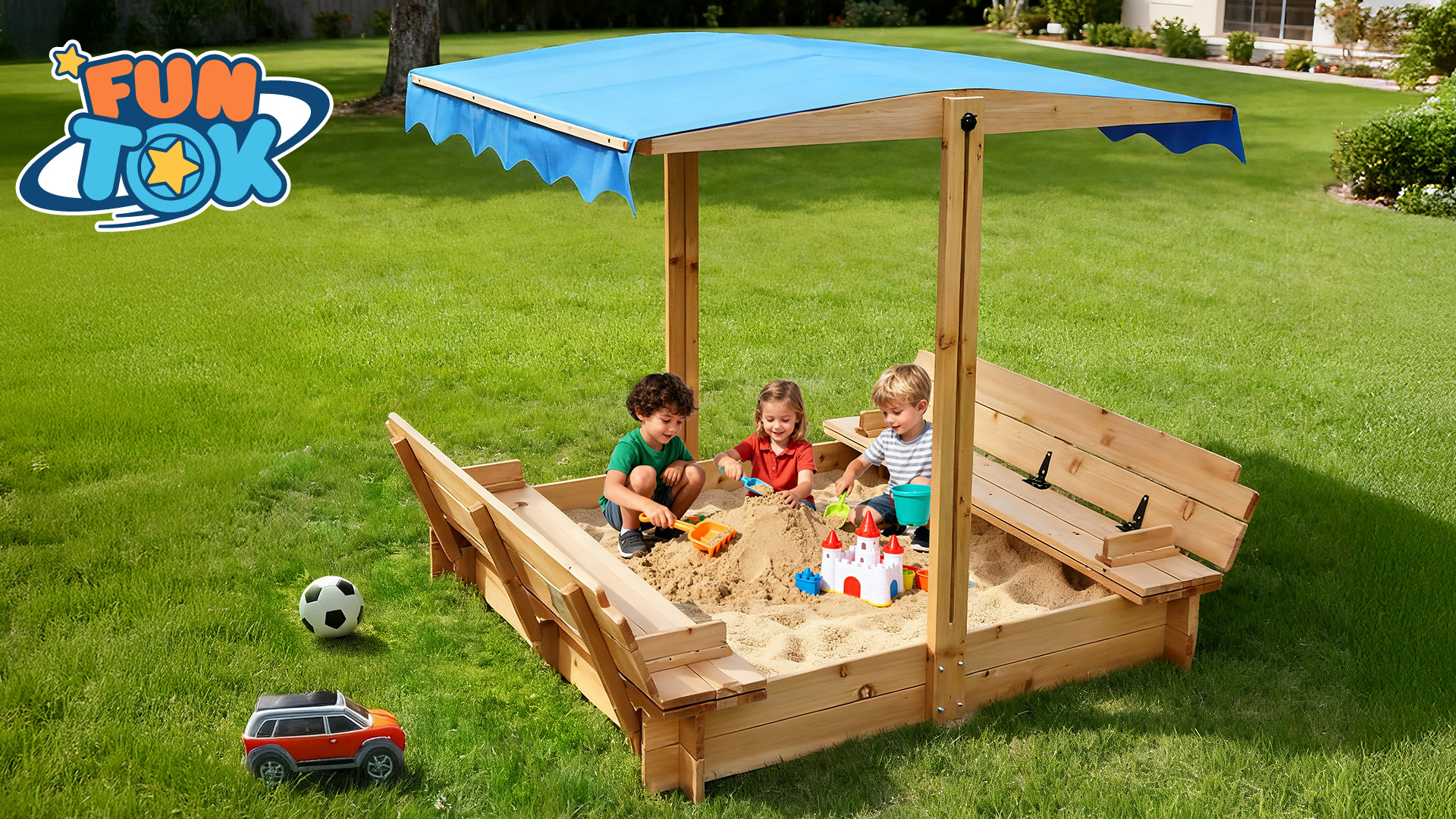 thumbnail video image 2 of FUNTOK Wooden Sandbox with Cover & Canopy Adjustable in Height Angle, 48x48" Sand Box for Kids w/ 2 Foldable Bench Seats , 2 in 1 Kid Outdoor Sandbox w/ Lid for Backyard Lawn Beach, 2 of 11