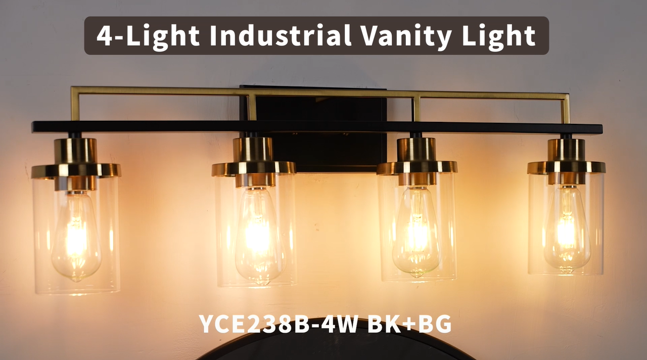 thumbnail video image 2 of Emliviar Modern Bathroom Vanity Light, 4-Light 29" Bathroom Lighting Fixture, Black and Gold Finish with Clear Glass, YCE238B-4W BK+BG, 2 of 7