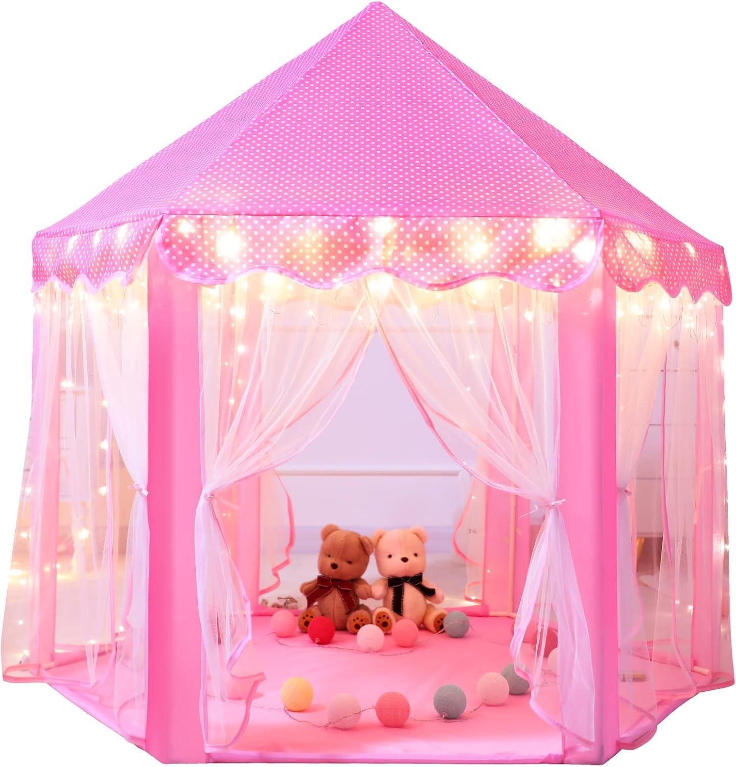 thumbnail video image 2 of Wilwolfer Princess Castle Kids Play Tent Toys for 3-12 Years Indoor Girls Hexagon Playhouse with Star Lights, 2 of 10