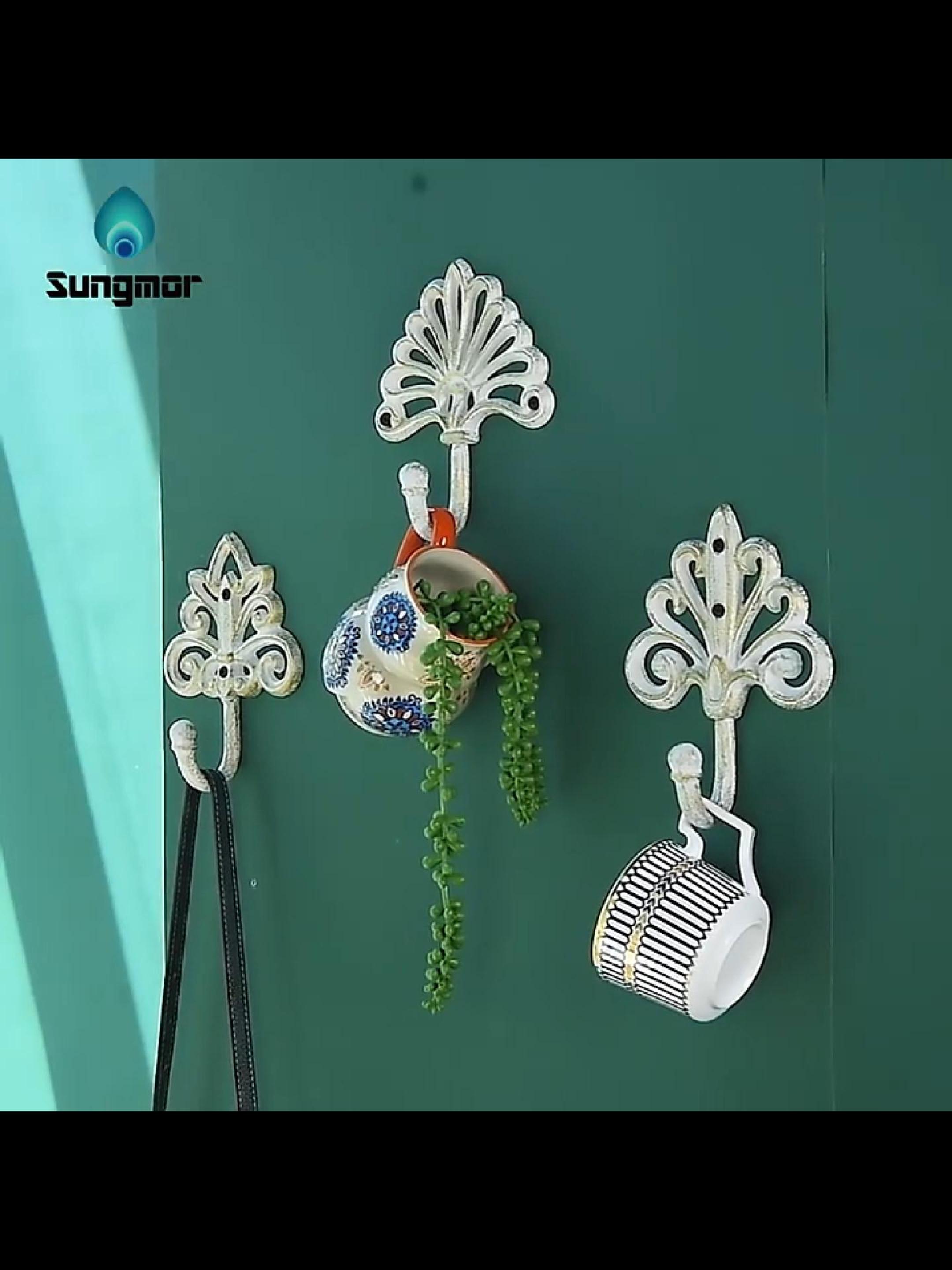 thumbnail video image 2 of Sungmor Beautiful Shabby Chic Cast Iron Wall Hanging Hooks, 3PC Large & Heavy Duty Decorative Wall Coat Hooks, Pretty Antique White Wall Mounted Key Hooks, Scarf Bag Towel Hangers Wall Decoration, 2 of 9