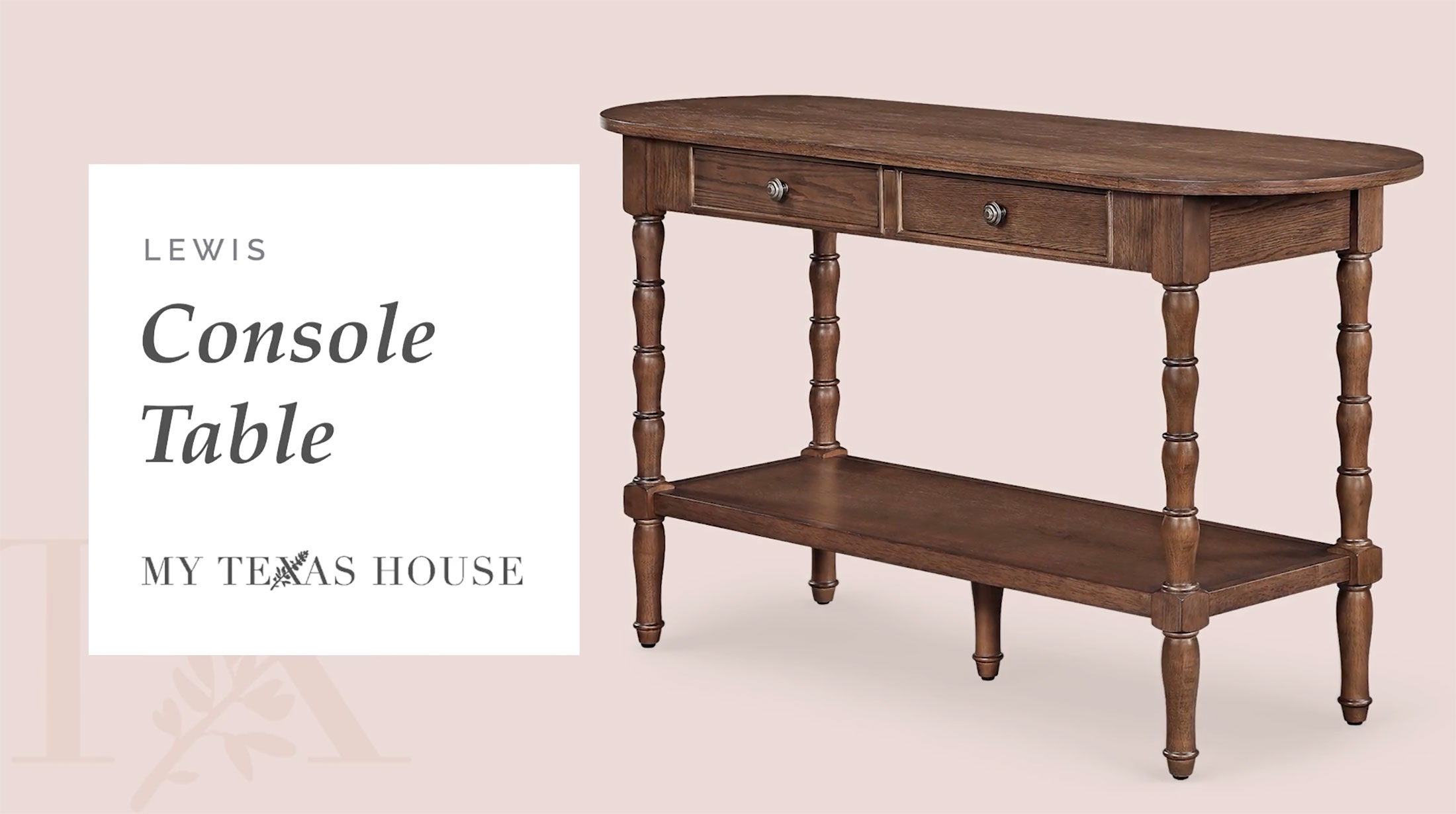 thumbnail video image 2 of My Texas House Lewis Console Table in Warm Brown with Oval Top and Storage Drawers, 2 of 12
