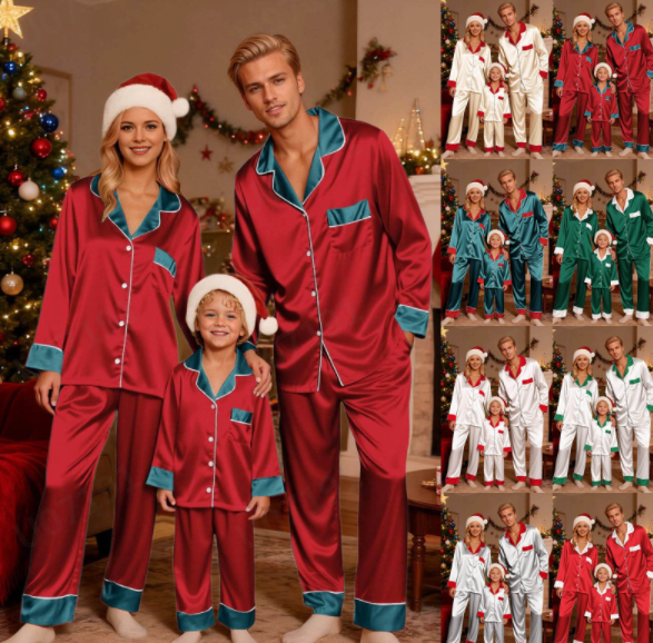 thumbnail video image 2 of HNMKIU Christmas Pajamas Family Long Sleeve Silk Like Sleepwear Holiday Cozy Outfit for Mom Light Gray，Mom_M, 2 of 5