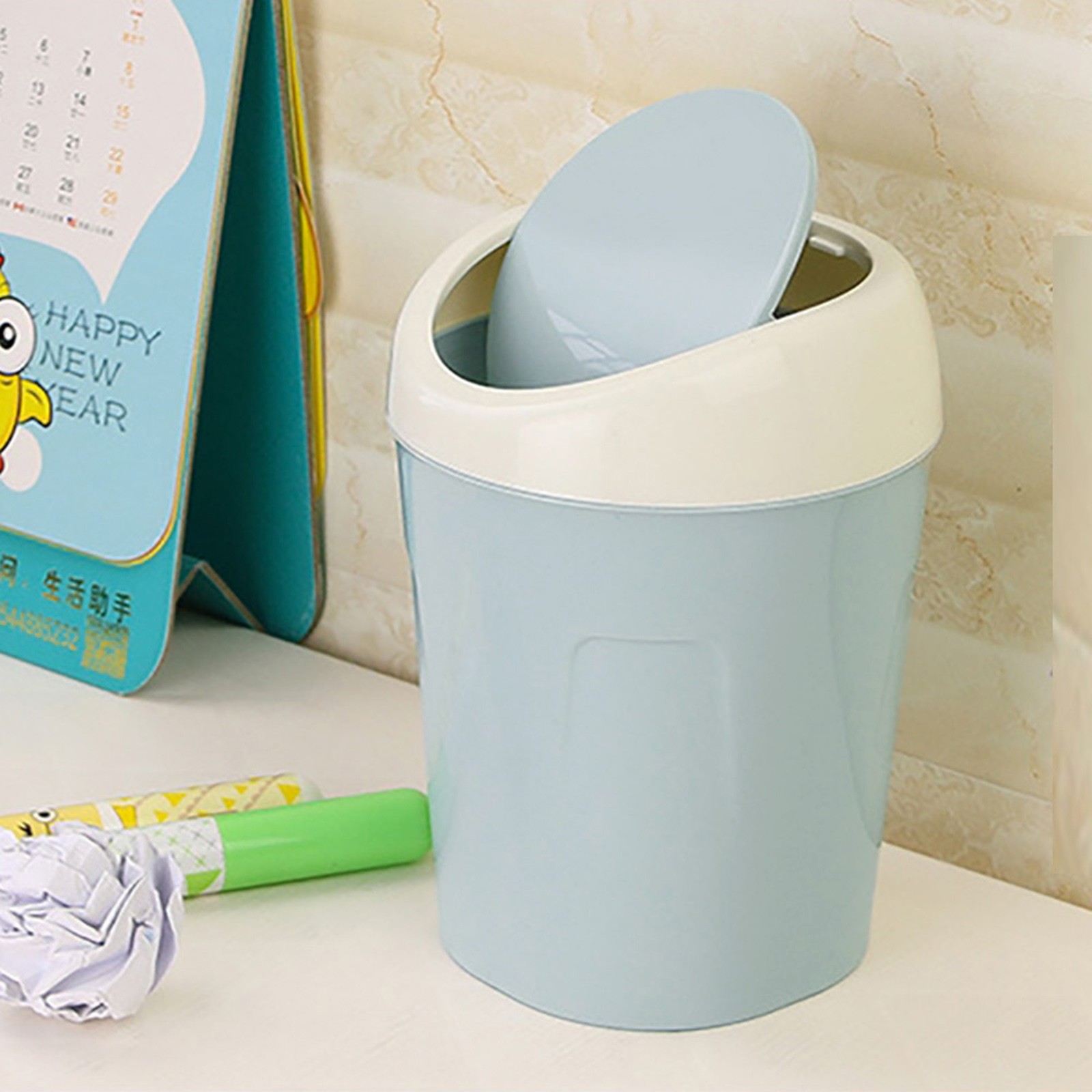 thumbnail video image 2 of CoreLiving Small Trash Can, Mini Desk Garbage Can with Lid, Tiny Wastebasket for Office Desk, Kitchen Counter, Bathroom Vanity, Bedroom, Dorm Room & Home Use, 2 of 3