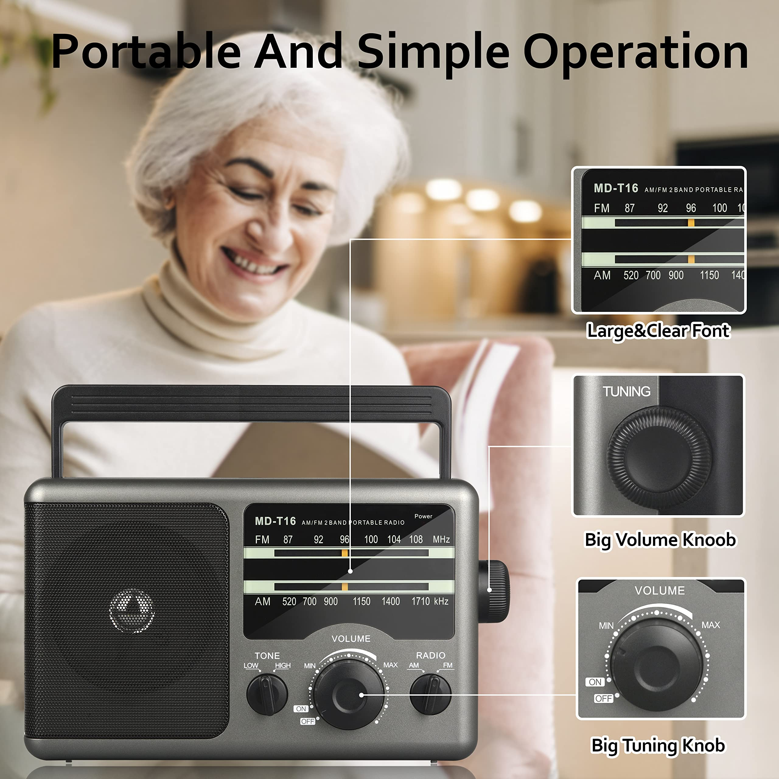thumbnail video image 2 of Jazmm AM FM Portable Radio, Large Knob Easy Operated, Portable Transistor Radio, AC/Battery Dual Power  for Senior, Elderly, 2 of 7