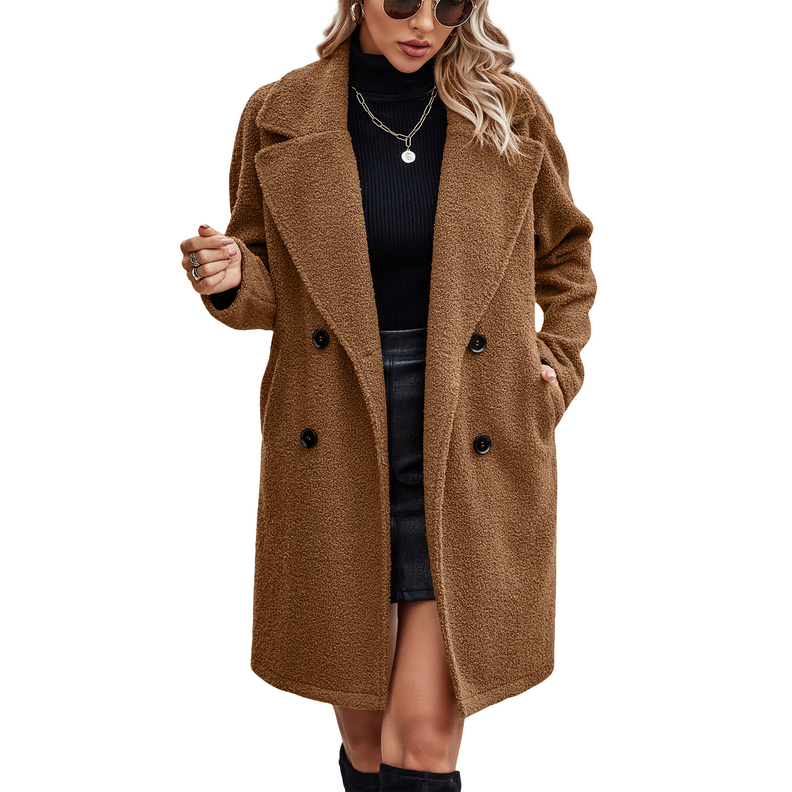 thumbnail video image 2 of NAYTOAO Winter Warm Coats for Women Long Sherpa Coat Fuzzy Faux Fur Trench Jackets Lapel Open Front Button Fleece Cardigan, 2 of 8