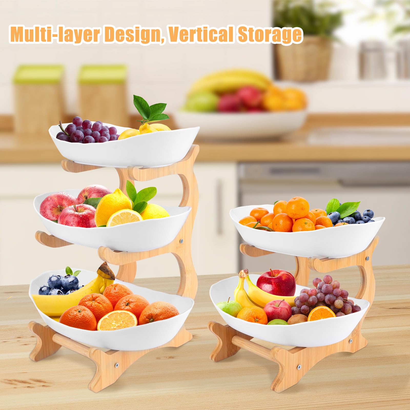 thumbnail video image 2 of Wooden Fruit Bowl with Bamboo Wood Stand for Kitchen Counter, Plastic Fruit Basket for Vegetable Storage, Snack Dessert Cake Tray Plate Rack for Party Wedding - White, 2 of 10