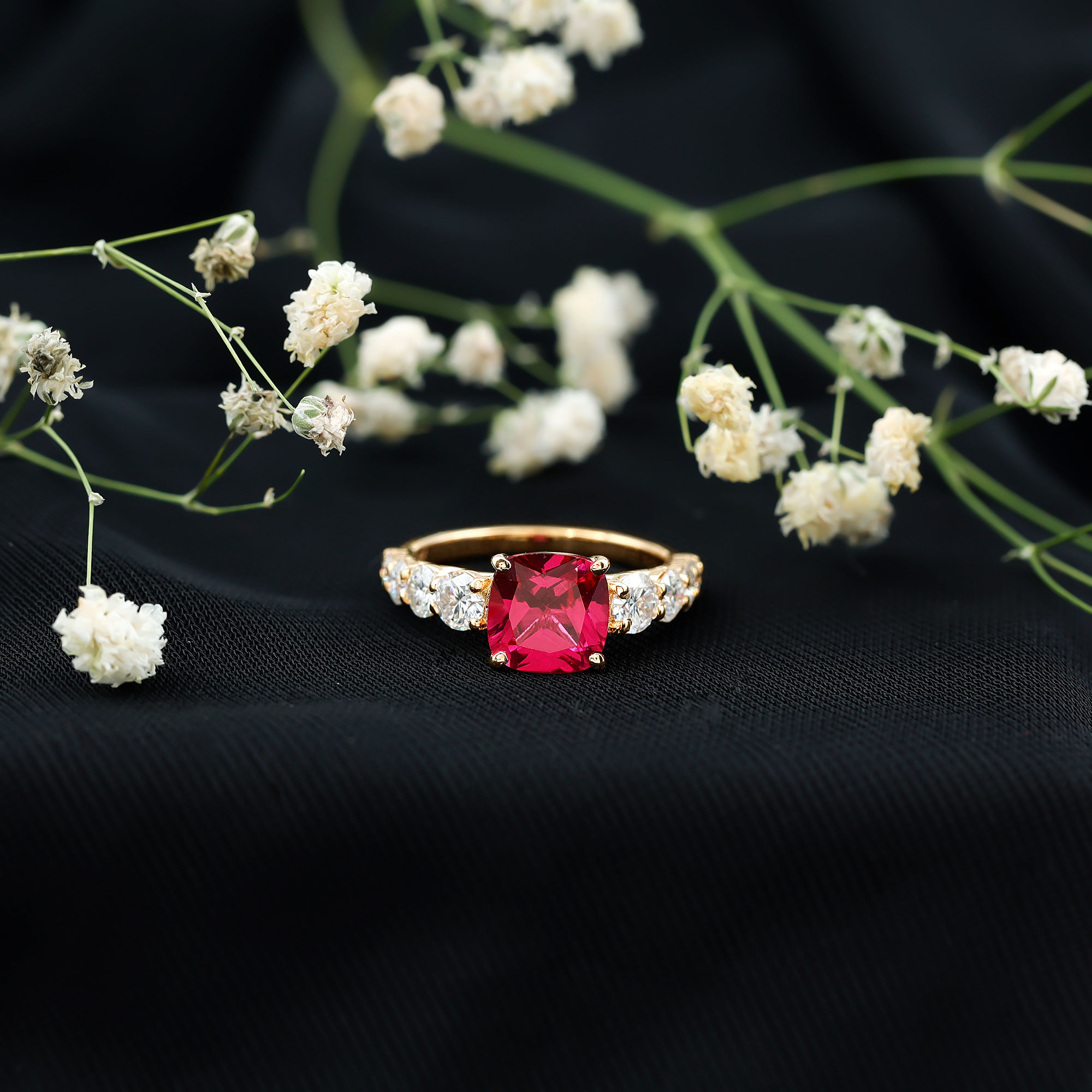 thumbnail video image 2 of Rosec Jewels 3.25 CT Cushion Cut Created Ruby Ring with Moissanite Side Stones, 925 Sterling Silver, US 4.00, 2 of 9