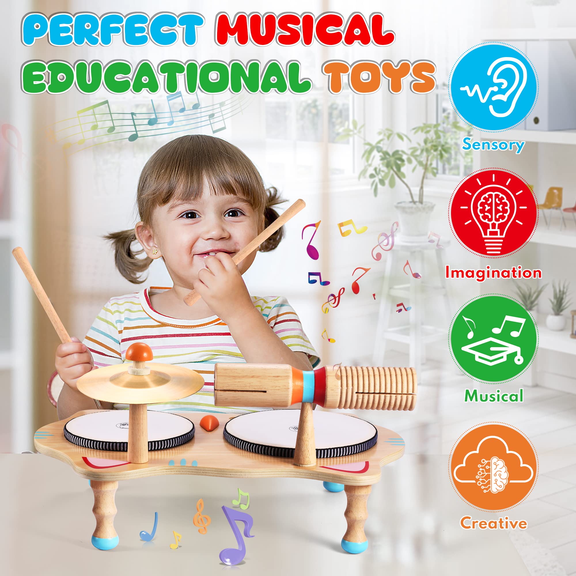 thumbnail video image 2 of OATHX Toddler Educational Toys Kids Drum Set Wood Musical Instruments Baby Learn Music Birthday Gift, 2 of 7