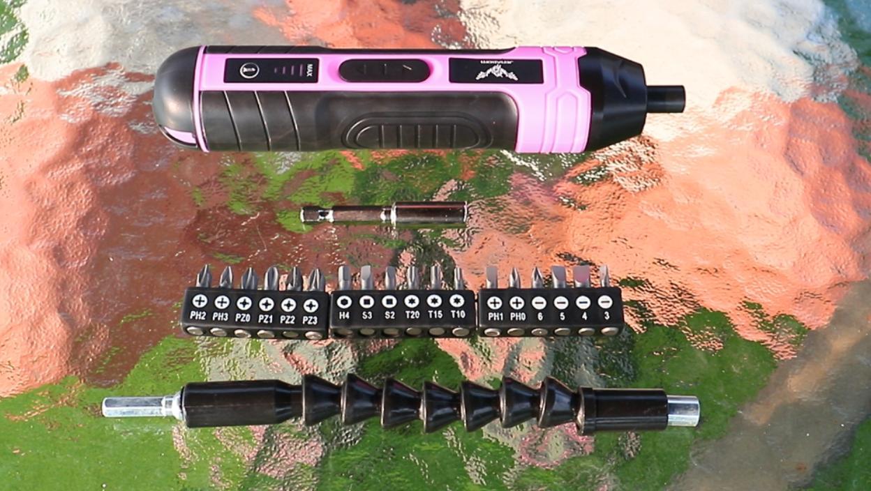 thumbnail video image 2 of JENABOM 21 in 1 Electric Cordless Screwdriver, 3.6V Rechargeable Screwdriver, 5N. m Max Torque, 4-Gear Torque, LED Light, for Women Home Office DIY（Pink）, 2 of 8