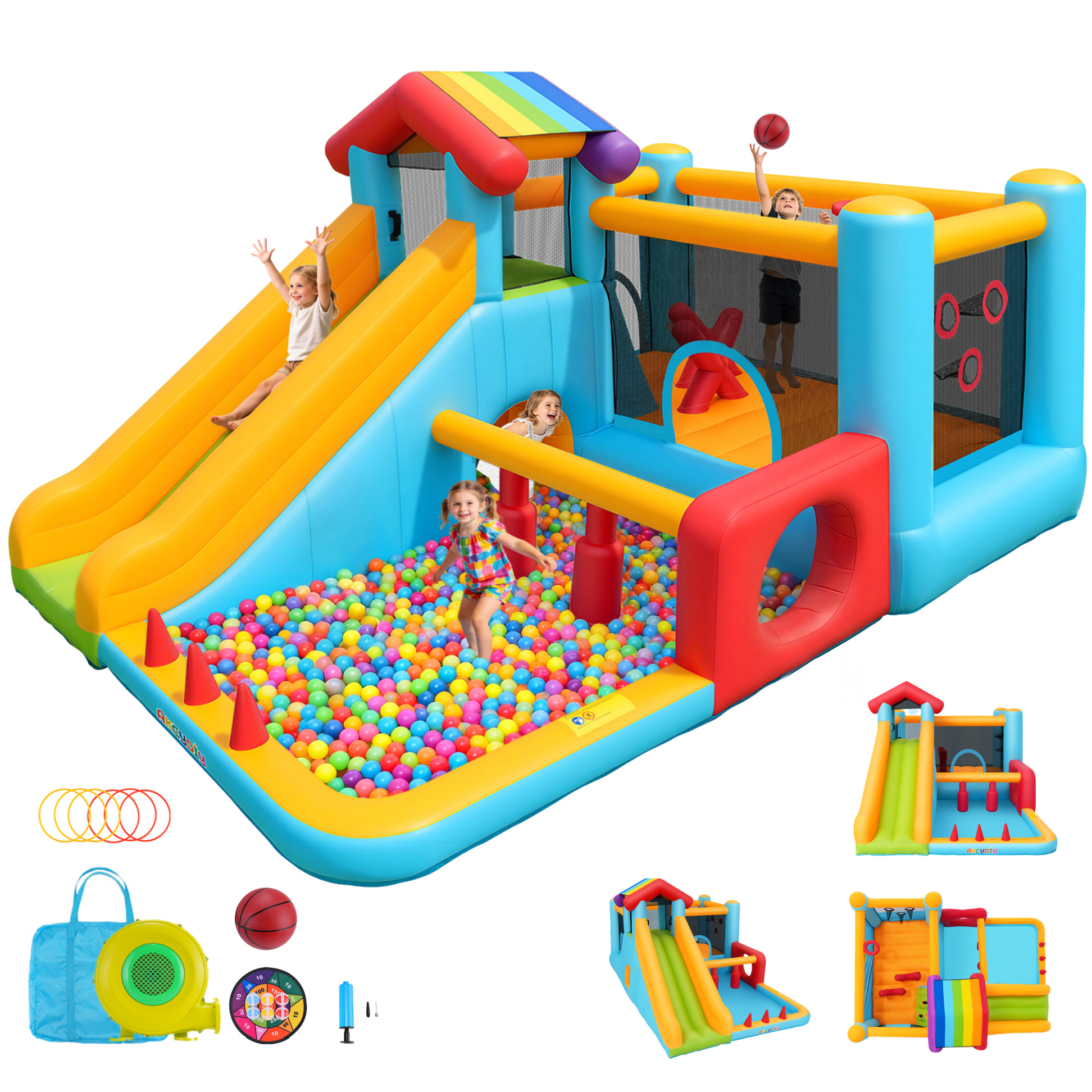thumbnail video image 2 of Adnoom Inflatable Bounce House for Kids 3-12, 11-in-1 High Slide Bouncy House with Climbing Wall, Large Ball Pit, Indoor Obstacle Jumping Castle with Blower for Family Backyard Party, 2 of 8