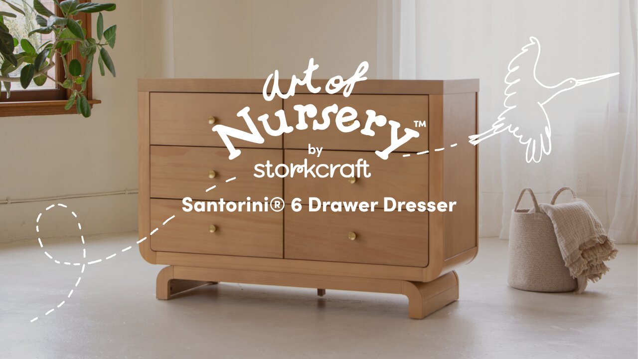 thumbnail video image 2 of Art of Nursery by Storkcraft Santorini 6 Drawer Nursery Double Dresser, White with Driftwood, 2 of 19