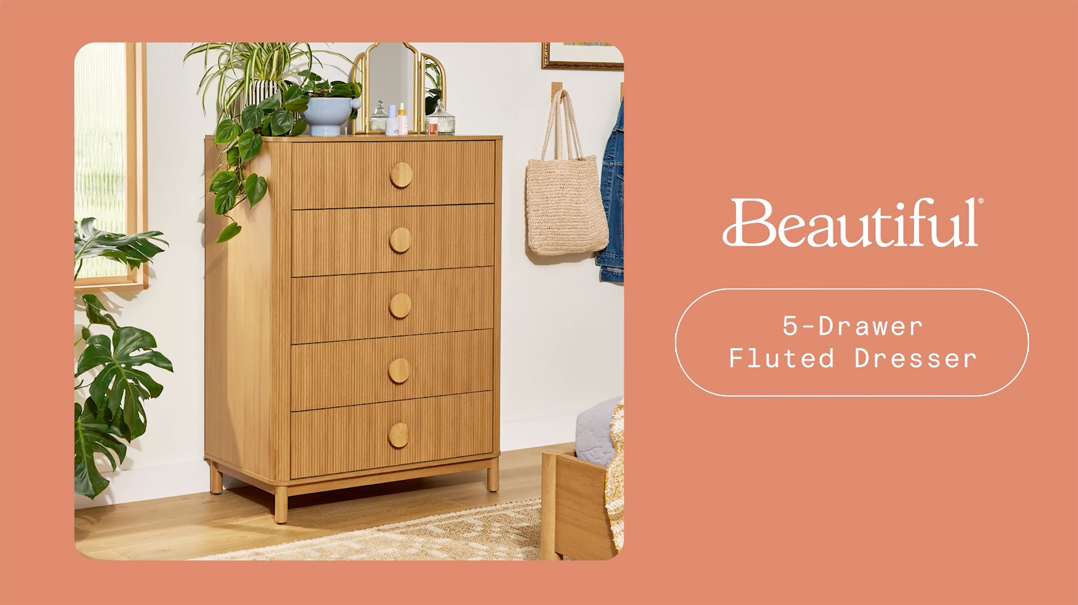 thumbnail video image 2 of Beautiful Fluted 5-Drawer Dresser, 48" Tall, for Adults, Warm Honey Finish, 2 of 14