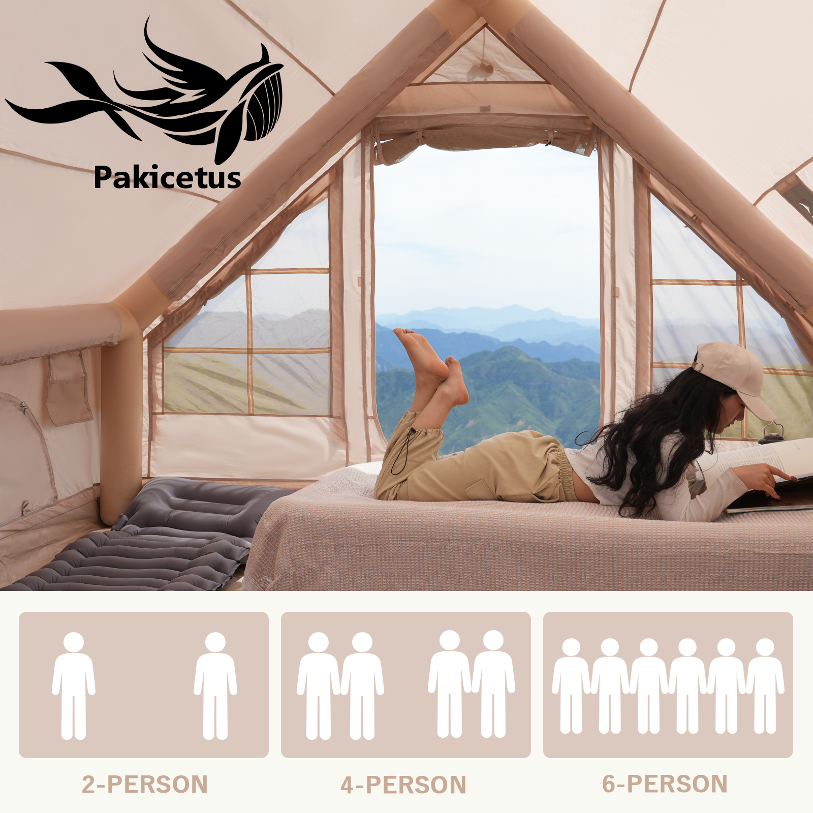 thumbnail video image 2 of PAKICETUS 4-6 Person Inflatable Glamping Tent, 9.84x6.88ft Waterproof Mesh Blow Up Tent with Manual Pump for Camping Hiking, 2 of 10