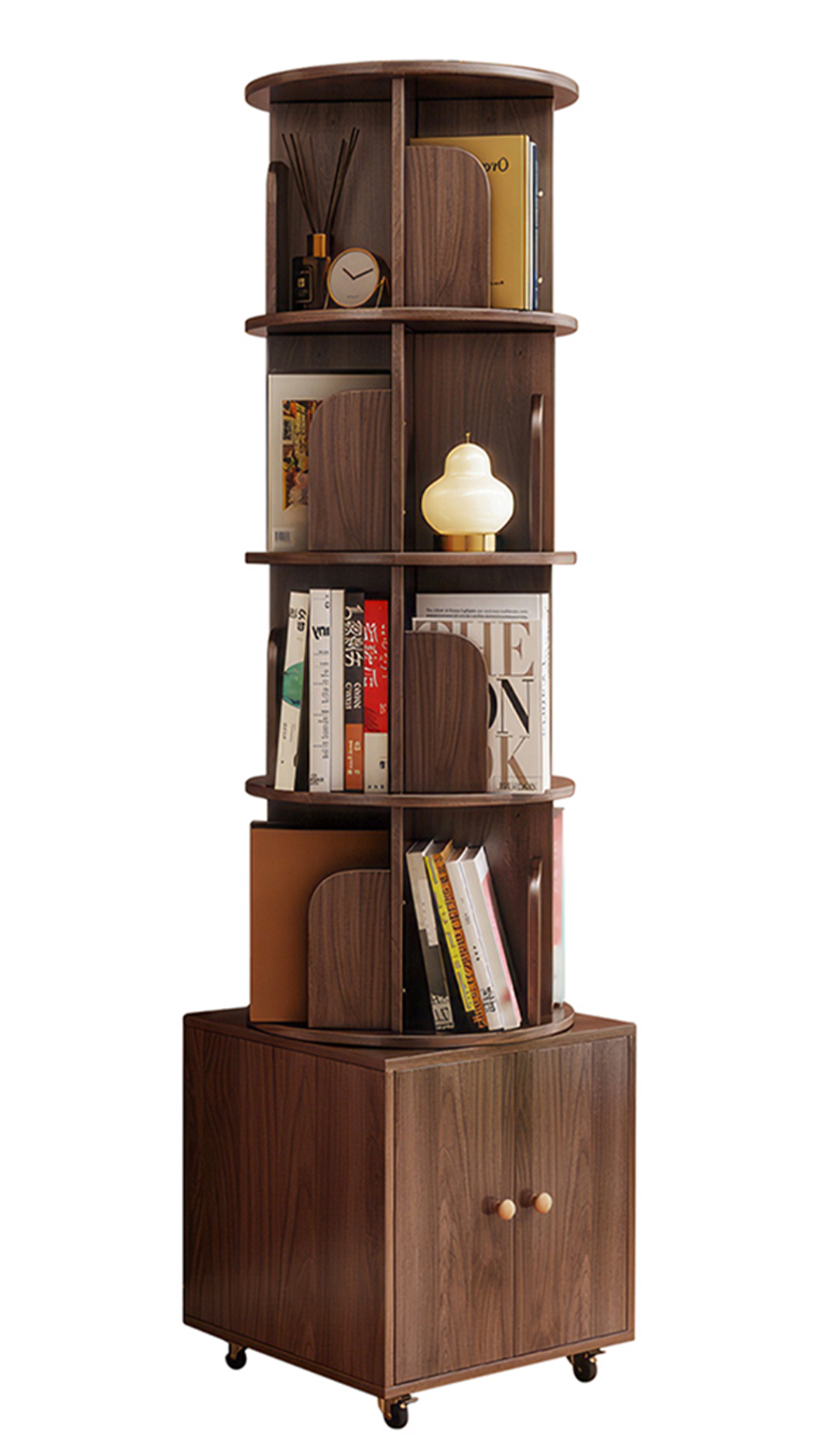 thumbnail video image 2 of MIDOQIN Rotating Bookshelf, 5-Tier Corner Floor Standing Bookcase Shelf Organizer with Storage Drawer for Bedroom, Dorm, Walnut, 2 of 11