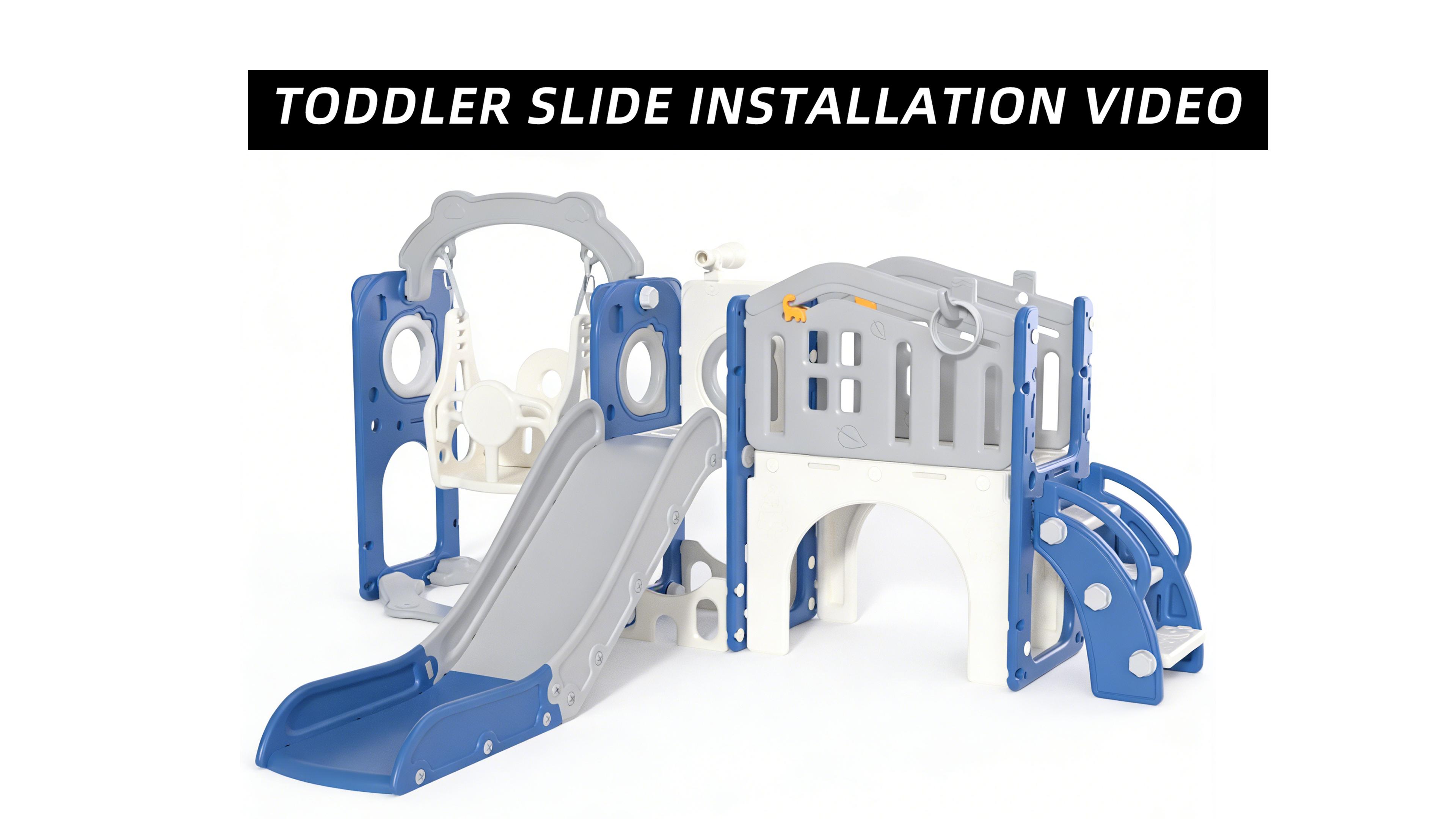 thumbnail video image 2 of XJD 11 in 1 Toddler Slide and Swing Set - Baby Slide for Toddlers 1-3, Indoor Outdoor Toddler Playset Playground, Blue & Gray, 2 of 15