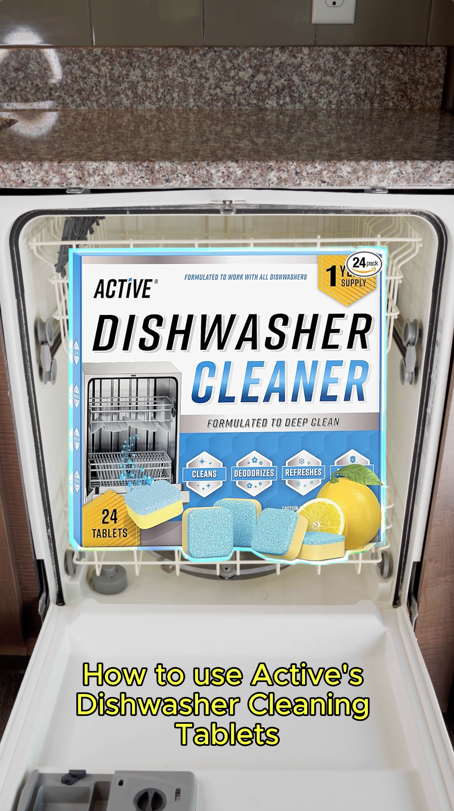 thumbnail video image 2 of Active Dishwasher Cleaner and Deodorizer Tablets, Descaler Removes Limescale and Odors, 24 Count, 2 of 6