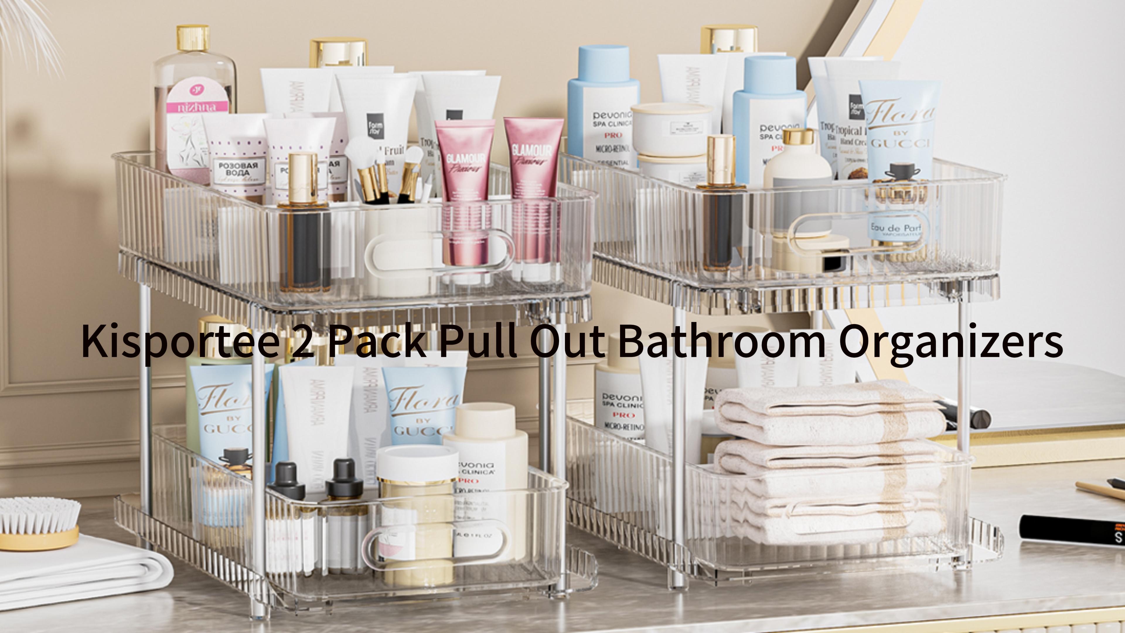 thumbnail video image 3 of Kisportee 2 Pack Pull Out Bathroom Organizers and Storage, Under Sink Organizer, 2 Tier Kitchen Cabinet Organizer Storage Rack, Clear, 3 of 12