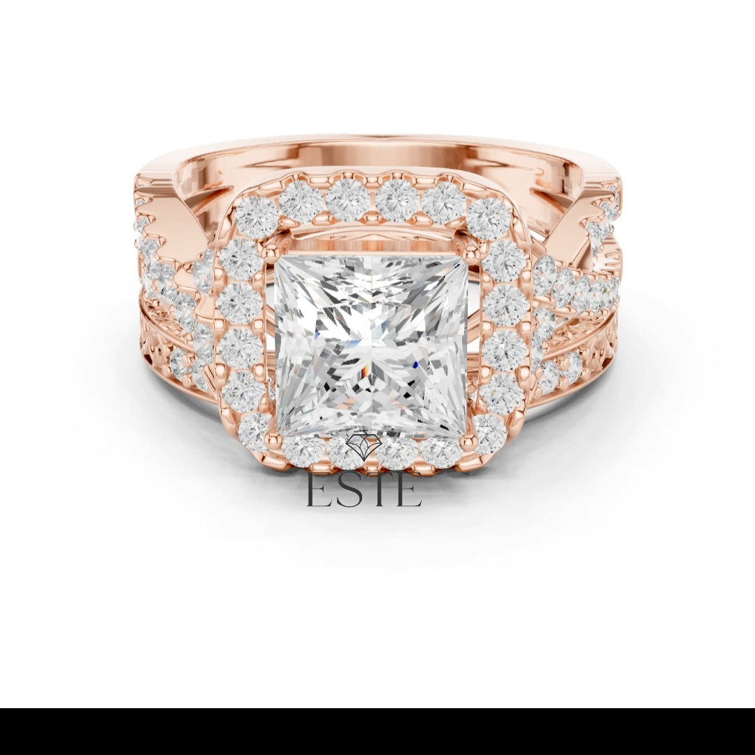 thumbnail video image 2 of 2ct Square Moissanite Wedding Ring Set - Vintage Inspired Halo – Twisted Band with Pave Accents in 18K Rose Gold over Silver, 2 of 8