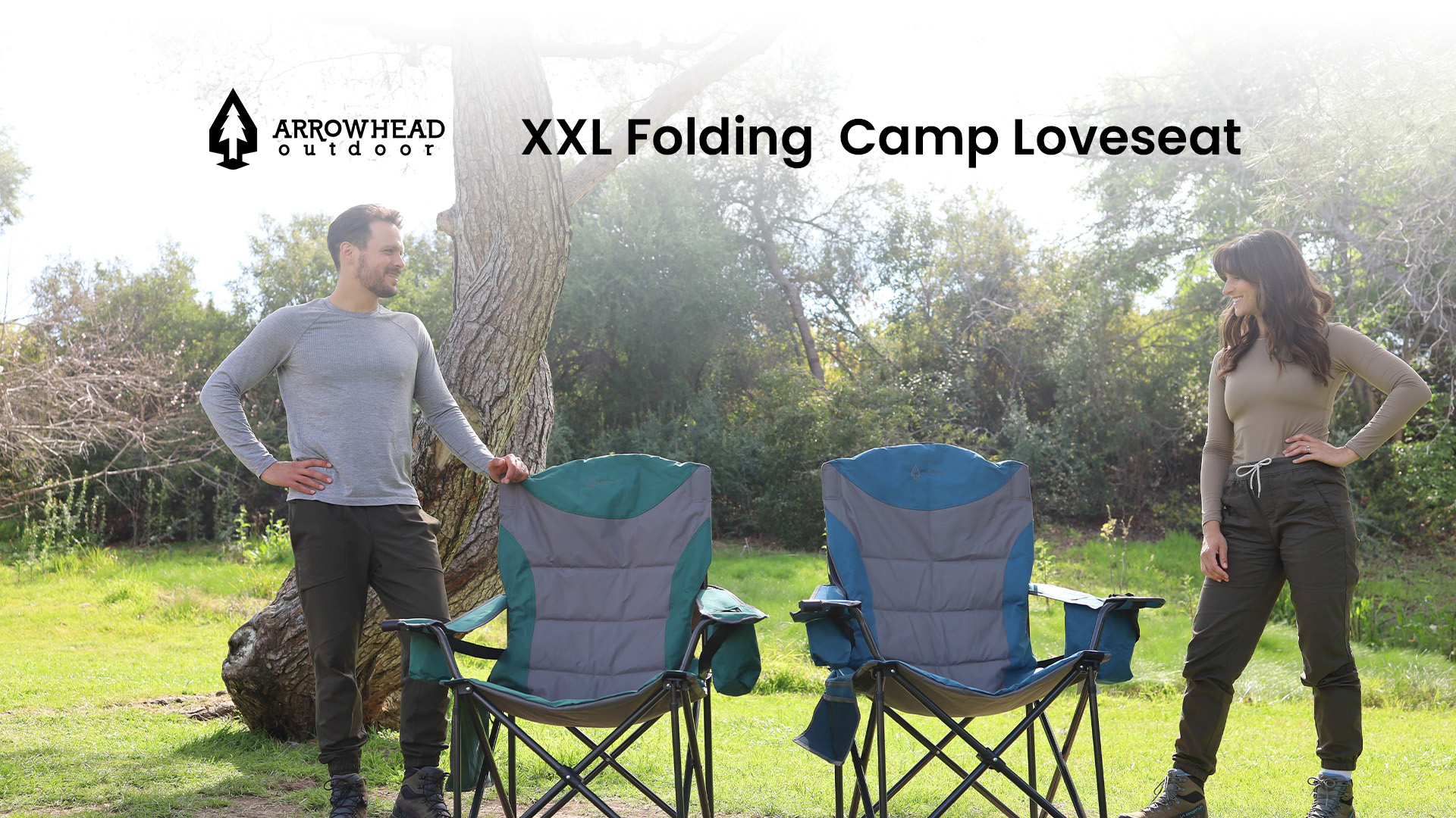 thumbnail video image 2 of ARROWHEAD OUTDOOR XXL Folding Padded Camping Chair w/ Cup & Wine Holder, Armrest Cooler, Support up to 600 lbs, Blue, 2 of 9