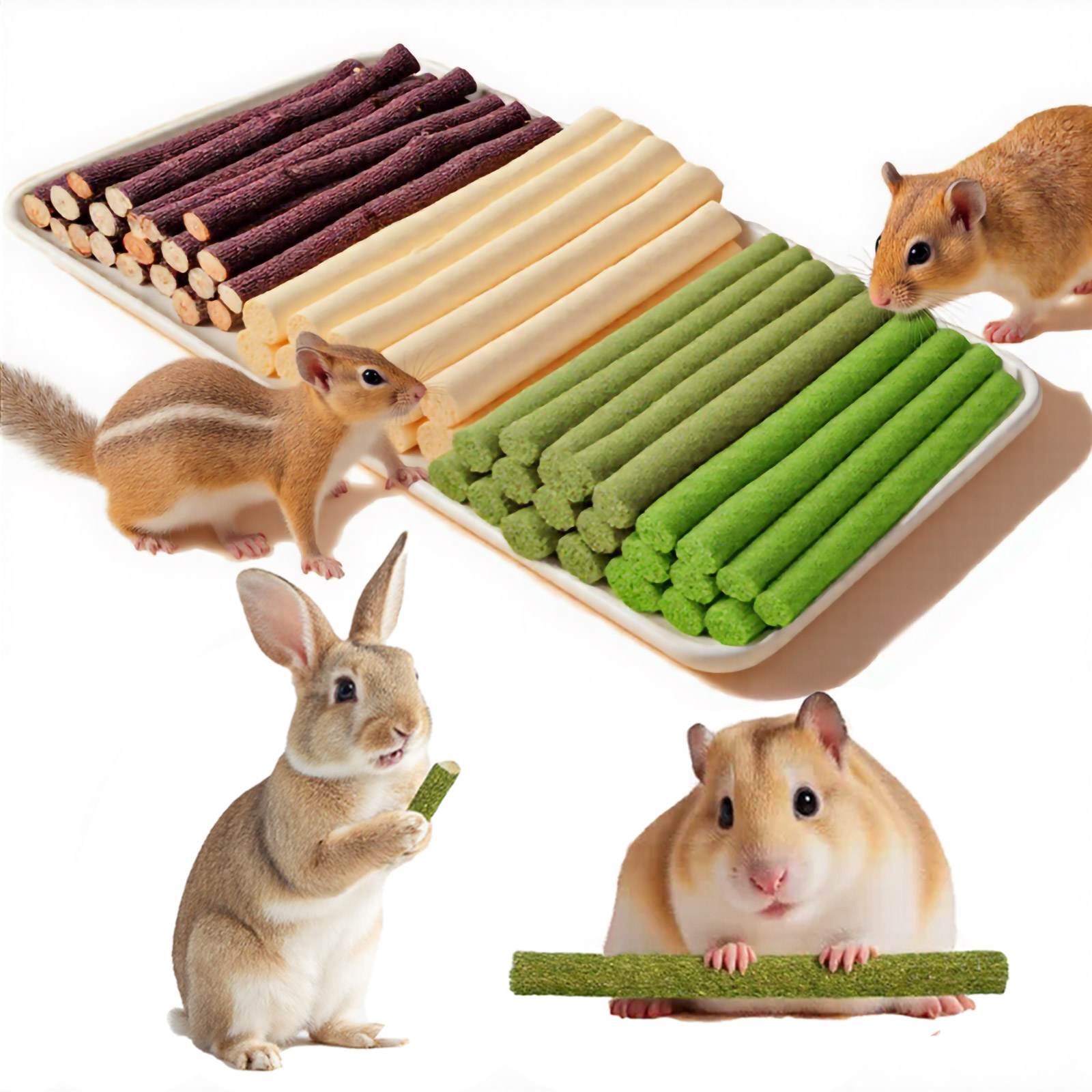 thumbnail video image 2 of GREMBEB Rabbit Toys 200g 7.1 oz 4 in 1 Bunny Chew Apple Sticks Sweet Bamboo Timothy Hay Sticks Hamster Molar Treat Guinea Pig Food Snack for Clean Teeth, 2 of 7