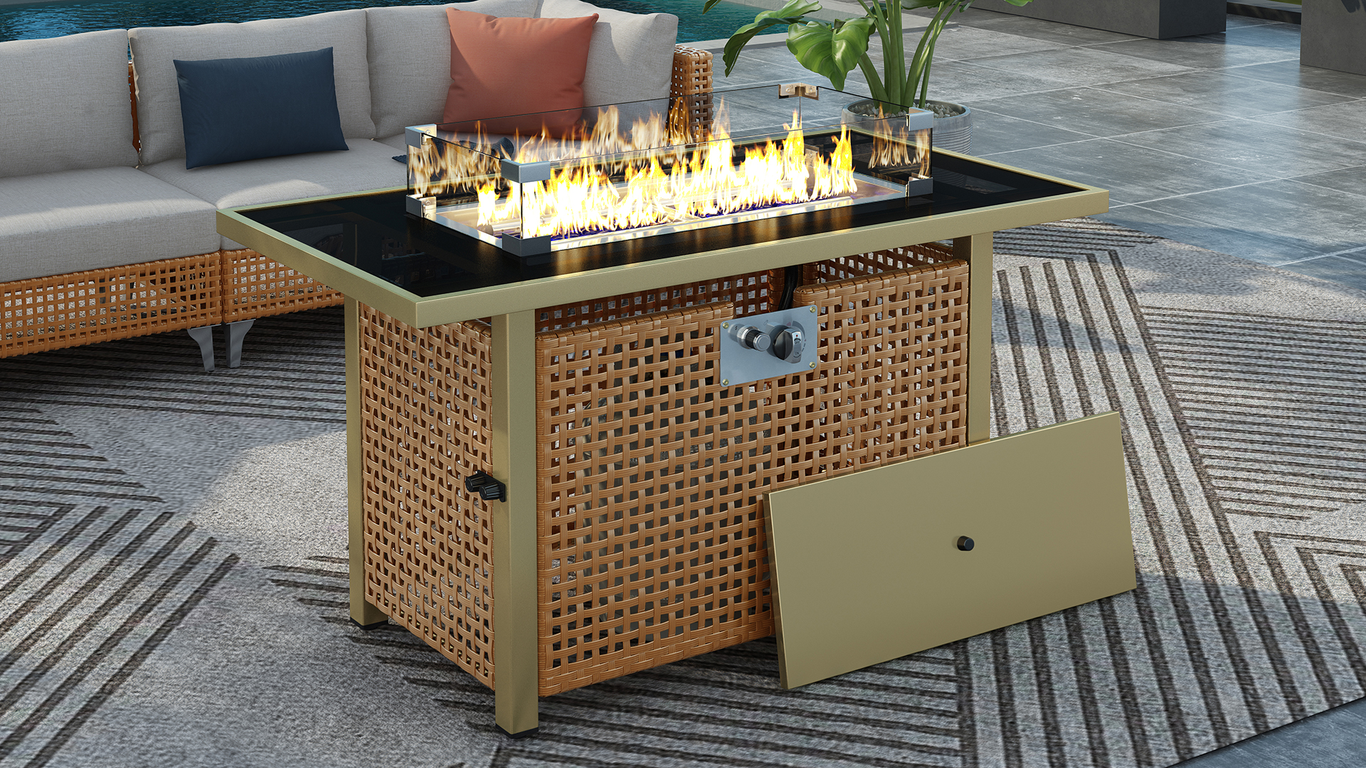 thumbnail video image 2 of 43" Propane Fire Pit Table for Outside Patio, 60,000 BTU Outdoor Fire Table with Glass Wind Guard & Steel Frame - Orange, 2 of 10