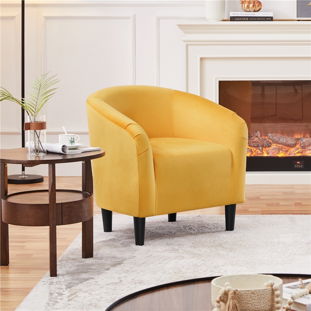 thumbnail video image 2 of Alden Design Upholstered Barrel Accent Chair for Livingroom, Yellow Velvet, 2 of 12