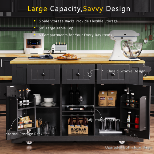 thumbnail video image 2 of Bellemave Mobile Kitchen Island with Drop Leaf, Wood Top & Power Outlet, Mobile Island Cart with Internal Storage Rack , Open Side Racks & Drawers, Black, 2 of 10