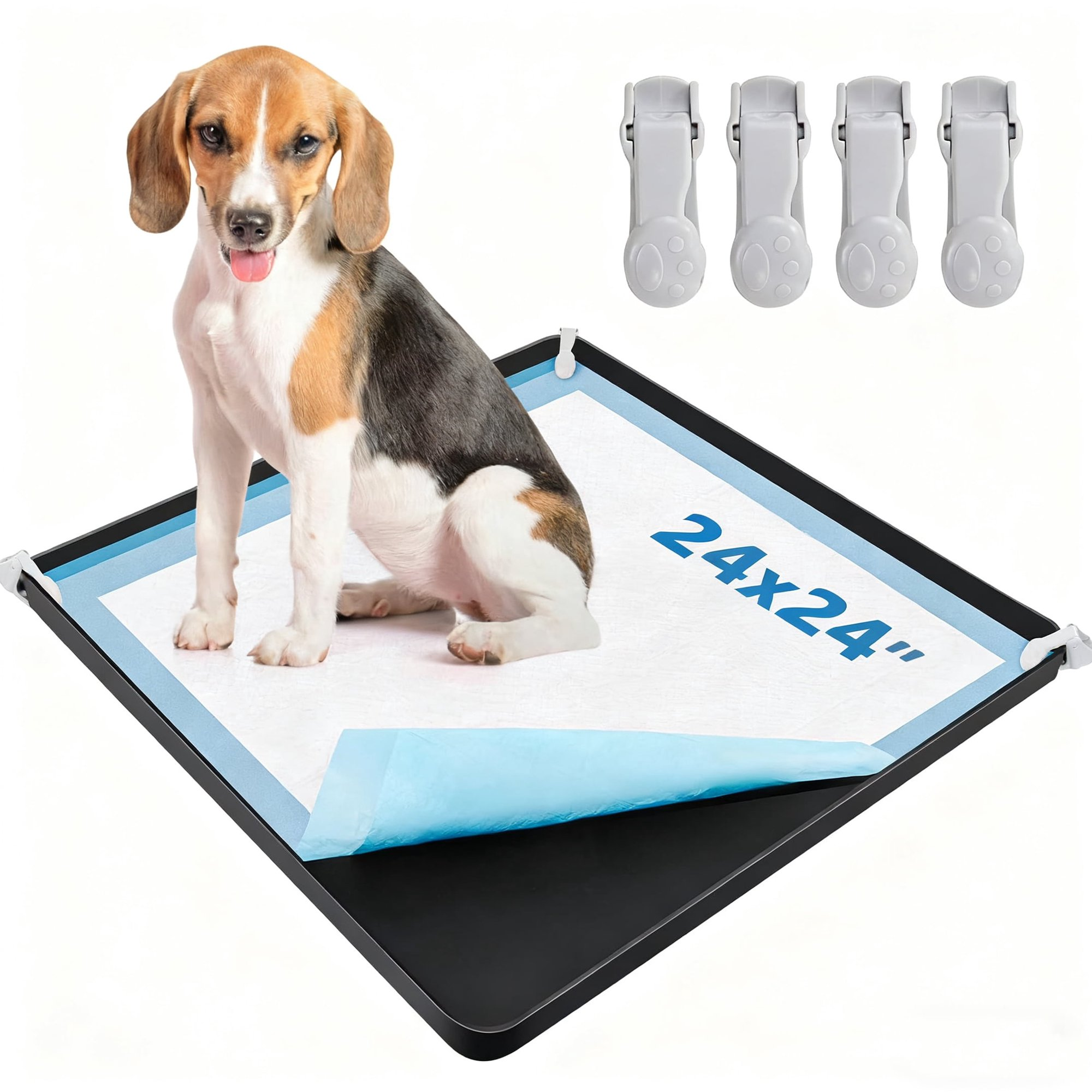 thumbnail video image 2 of Dog Pee Pad Holder - Silicone Puppy Pad Holder - High Edge Dog Potty Tray with 4 Holder Clamps for Puppy Potty Training, Fits Up to 24" x 24" Training Pads, Black, 2 of 5