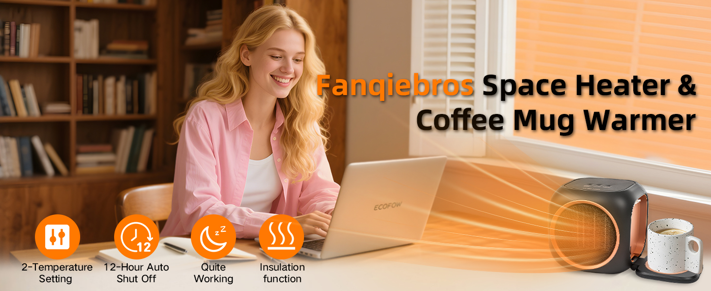 thumbnail video image 2 of Fanqiebros Upgraded Space Heater, Coffee Mug Warmer for Desk, 12H Timer, 800W PTC Ceramic Heater, 2 Speeds Small Portable Electric Heater for Bedrooms, Offices, Home, 2 of 11