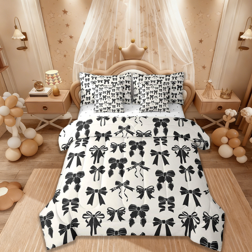 thumbnail video image 2 of Manfei Black Bow 7pcs Bedding Comforter Set For Teens Girls,Cute Bowknot Queen Bedding Sets Girls Bow Reversible, 2 of 9