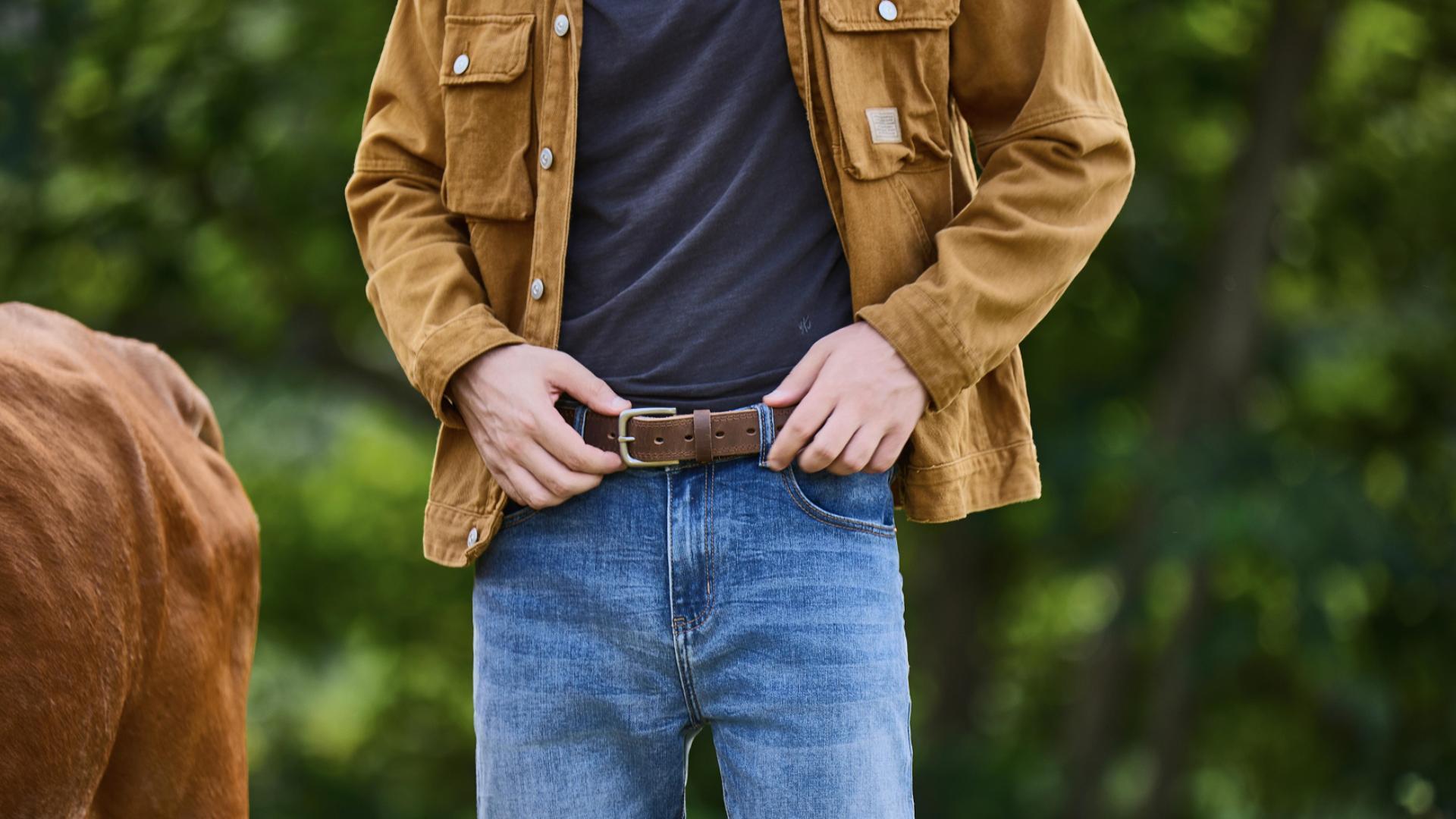 thumbnail video image 2 of Fianmy Men's Genuine Leather Belt, Handmade Casual Dress Jeans Leather Belts for Men, 2 of 7