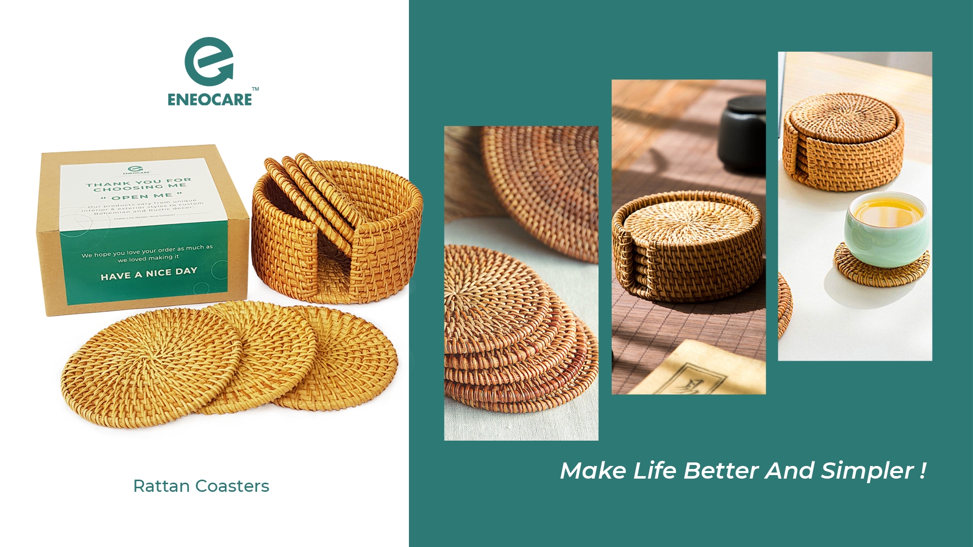 thumbnail video image 2 of Eneocare Handmade Natural Rattan Coasters for Drinks, Wicker Boho Coasters, Woven Coasters for Drinks | Heat Resistant Reusable Saucers, Round Straw Trivet for Teacup, Set of 6 with Holder, 2 of 8