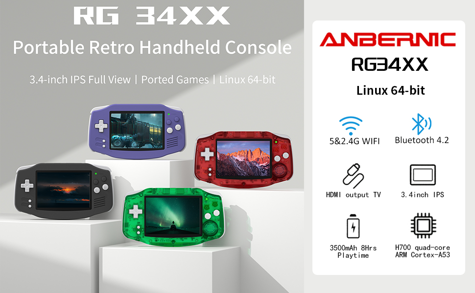thumbnail video image 2 of Anbernic RG34XX Handheld Game Consoles,32+64G Card,3500mAh Battery,Support HD TV Output Indigo, 2 of 10