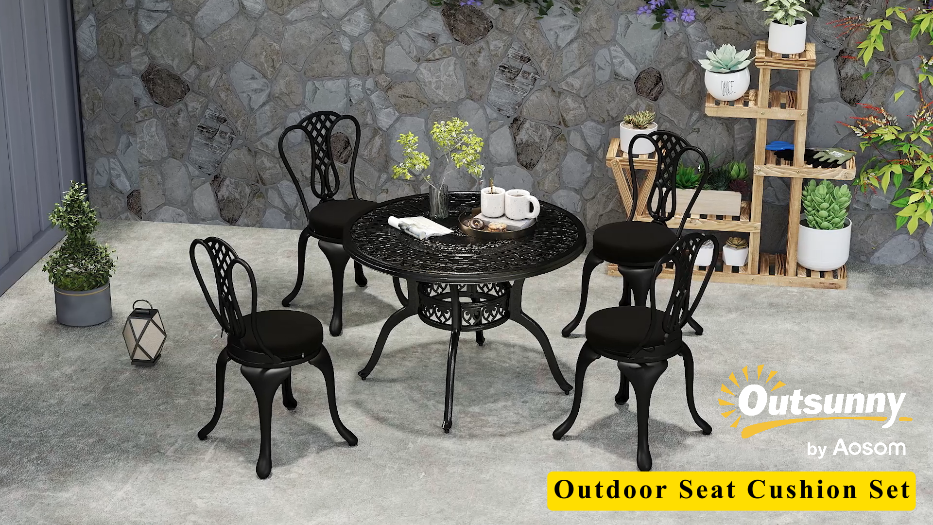 thumbnail video image 2 of Outsunny Outdoor Chair Cushions Set of 4, Round Seat Cushions for Dining Chairs Bistro Chairs with Machine Washable Cover, 15" x 15" x 3", Black, 2 of 10