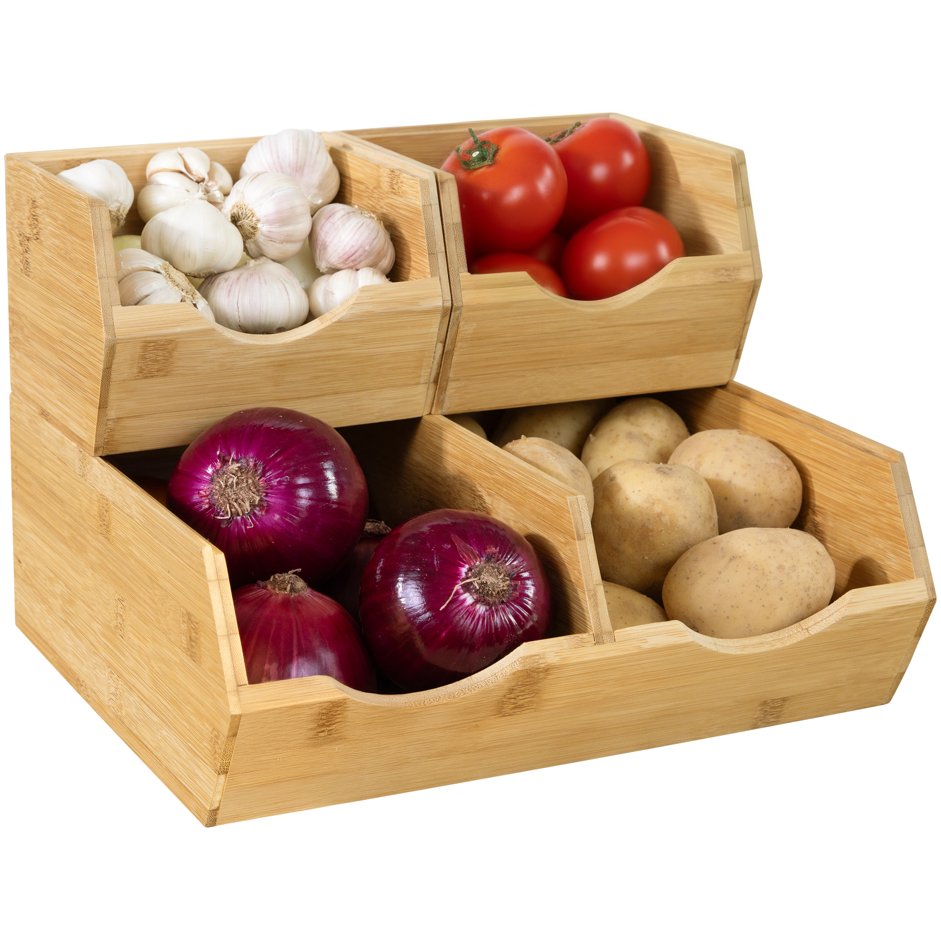 thumbnail video image 2 of Homestead Bamboo Pantry Storage Bins, Set of 3 – Stackable Open Front Baskets for Produce, Potato and Onion Storage, 2 of 10