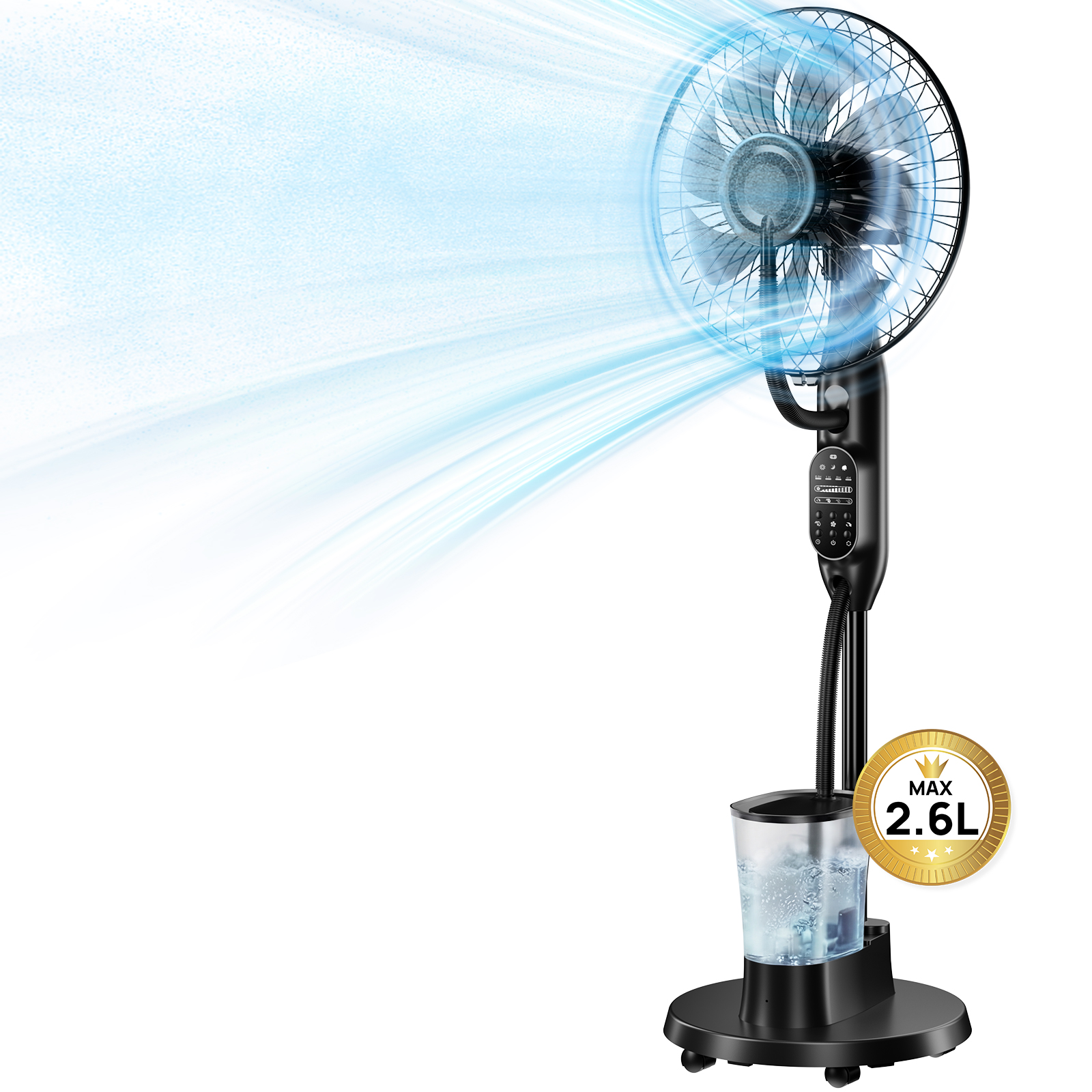 thumbnail video image 2 of Pedestal Misting Fan, Mist Fan Mister Cooling Fan with 2.6L Large Water Tank, 9 Speeds Misting Standing Fan, Floor Fan with Remote for Home Bedroom Patio Outdoor, 2 of 9