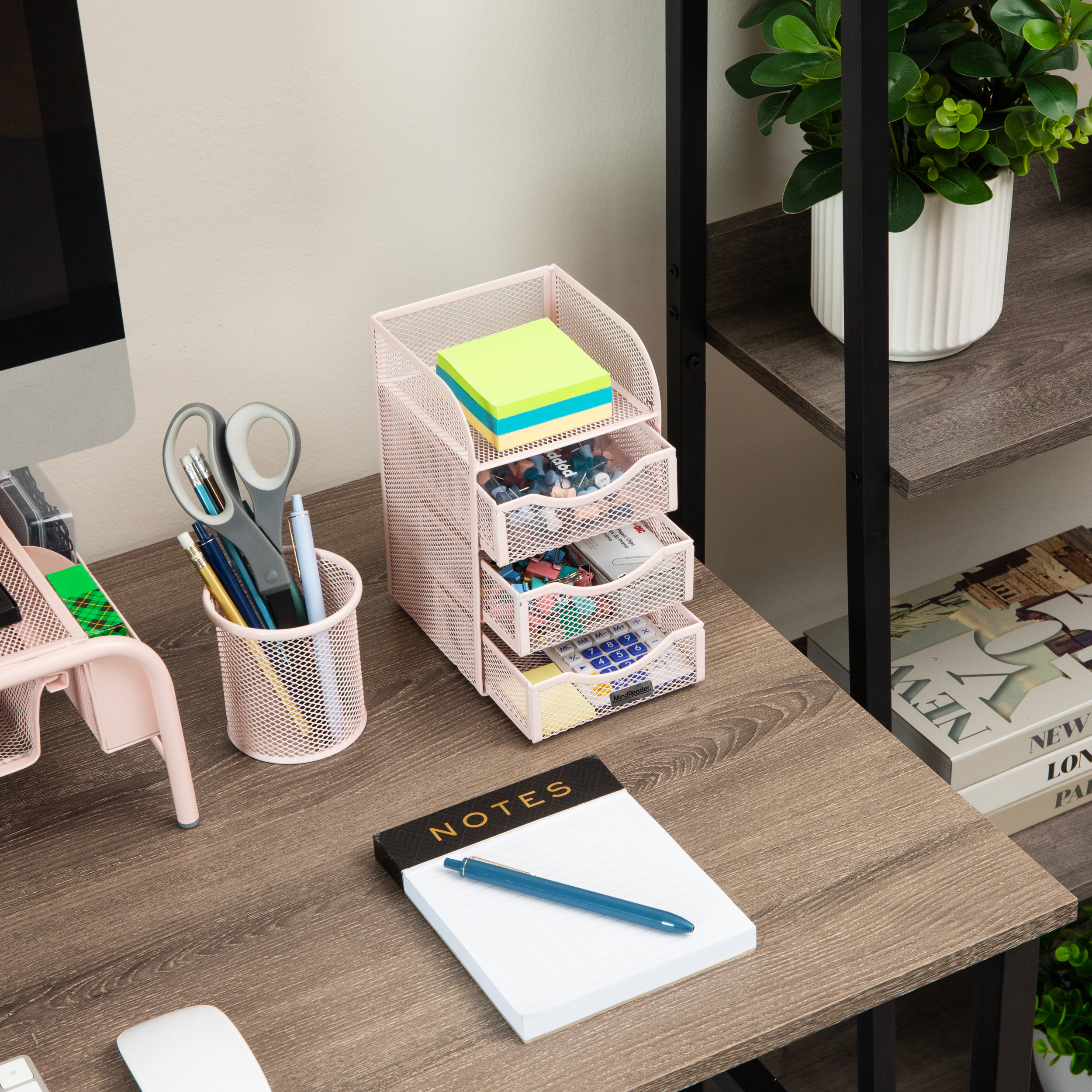 thumbnail video image 2 of Mind Reader Desktop Accessory Storage, Paper Binder Clip Basket, Workspace, Office, Metal, Pink, 2 of 7