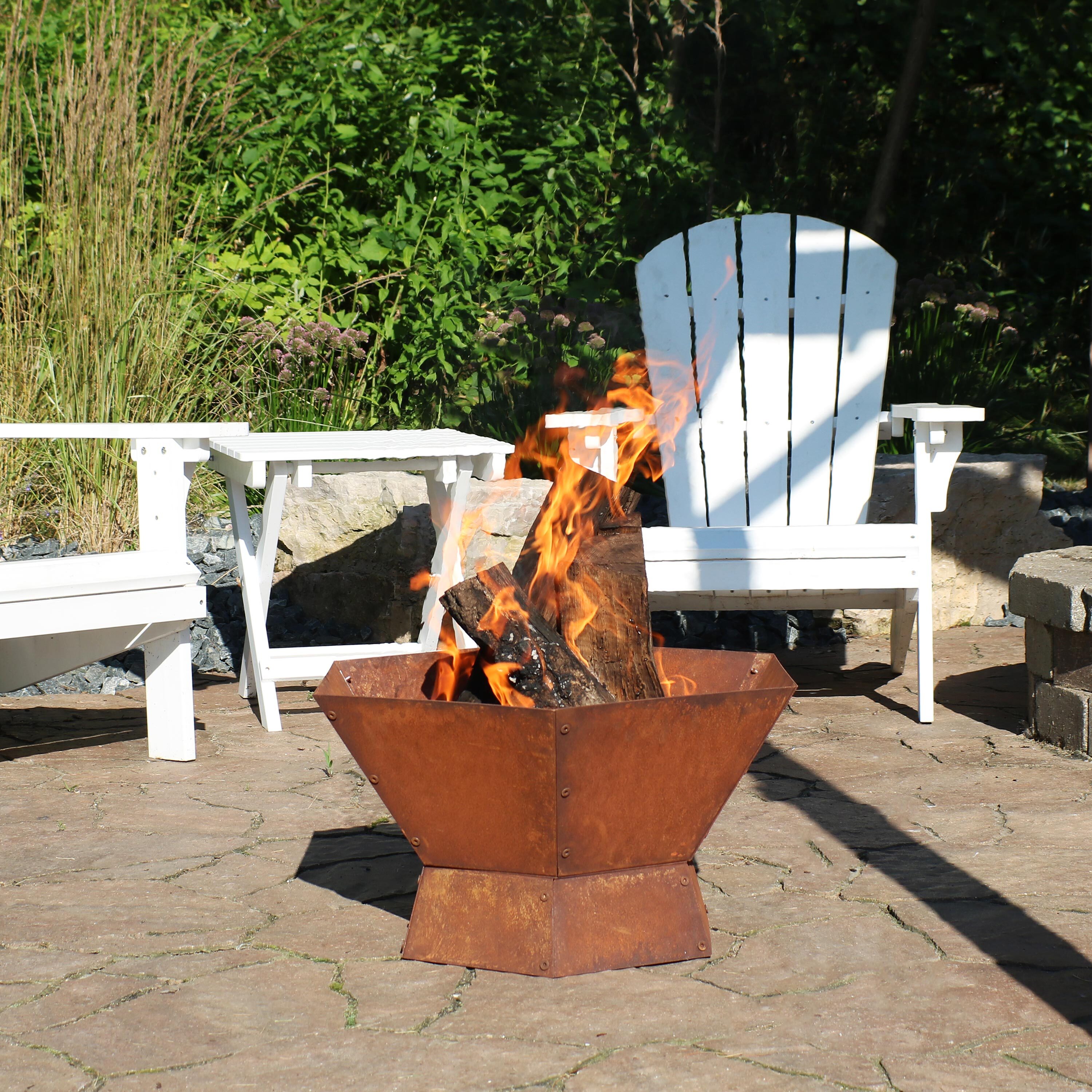 thumbnail video image 2 of Sunnydaze Rustic Affinity 23" Hexagon Wood-Burning Rust Finish Steel Raised Outdoor Fire Pit, 2 of 7