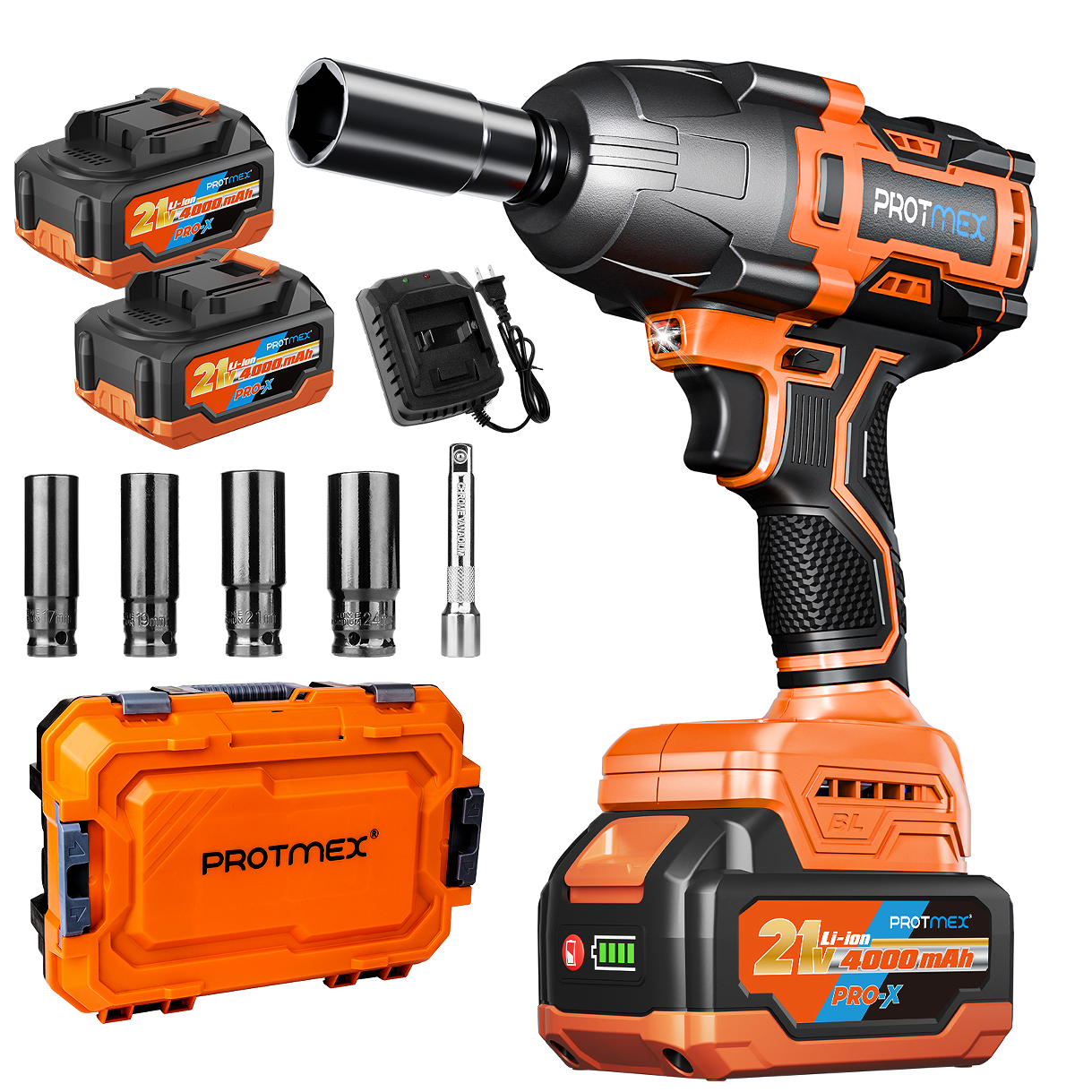 thumbnail video image 2 of Protmex 1200N.m (900Ft-lbs) 1/2" Cordless Impact Wrench Brushless High Torque Power Impact Gun with 2×4.0Ah Batteries for Car Truck RV Repair, 2 of 9