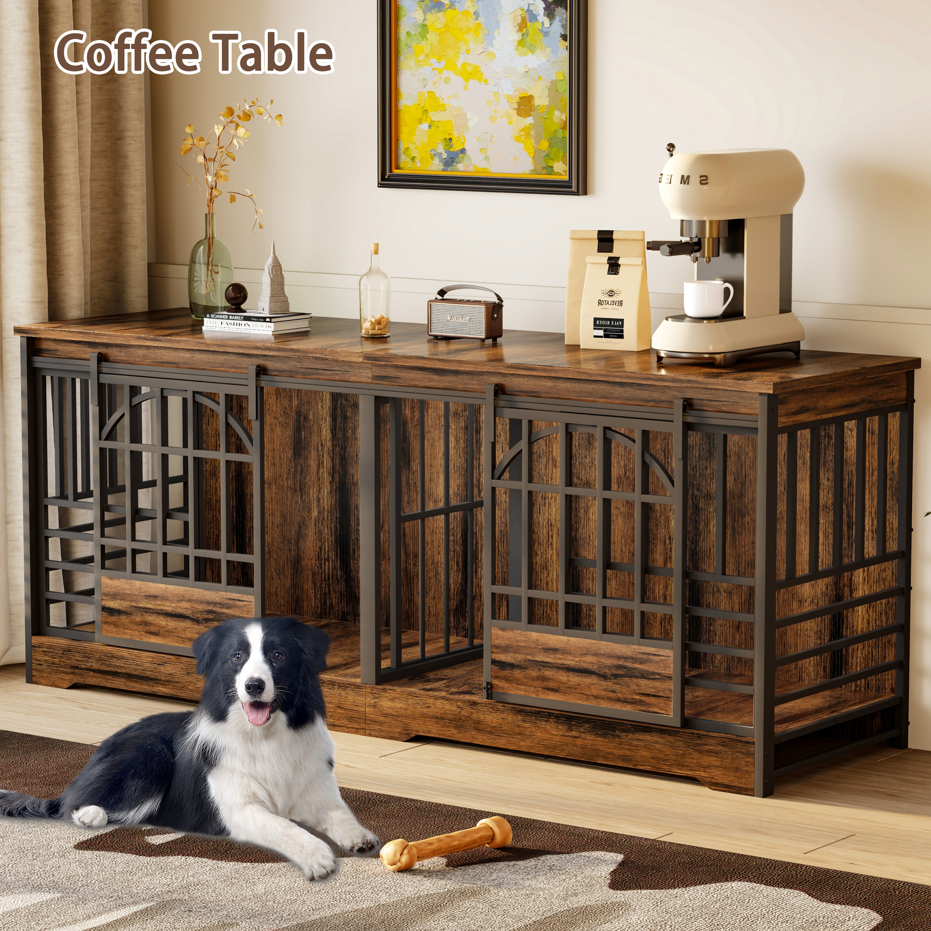 thumbnail video image 2 of Fowroa 78 inch Extra Large Double Dog Crate Furniture, Heavy Duty Indoor XXL Dog Kennel with Removable Divider, Brown, 2 of 10