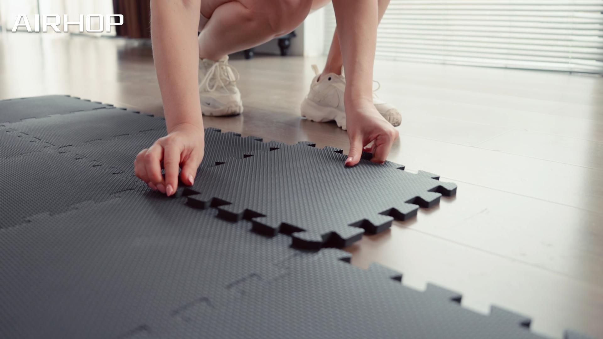 thumbnail video image 2 of AIRHOP 18 PCS Gym Floor Mat, EVA Foam Puzzle Gym Mat, High-Density Interlocking Foam Floor Tiles for Home Gym, Play Workout Garage Kitchen Flooring 12.6"x12.6"x0.4", 2 of 8